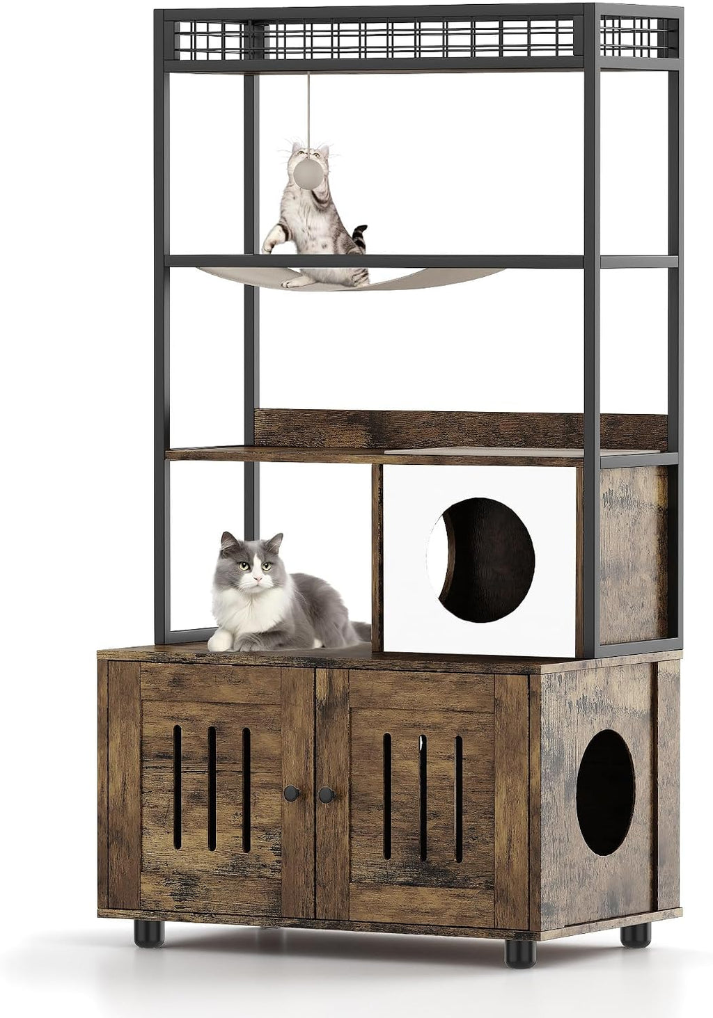 Hidden Cat Litter Box Enclosure Furniture with Storage Rack and Hammock