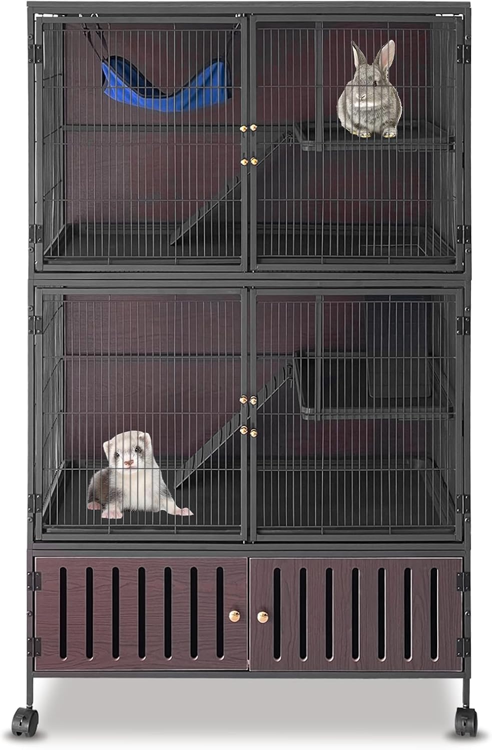50" Large Metal Ferret Cage, Small Animal Habitat with Lockable Doors, Ramps, Wheels, Storage Cabinet, Multi-Level Chinchilla Cage for Chinchillas, Ferrets, Guinea Pigs, Rats, Hammock(Black)