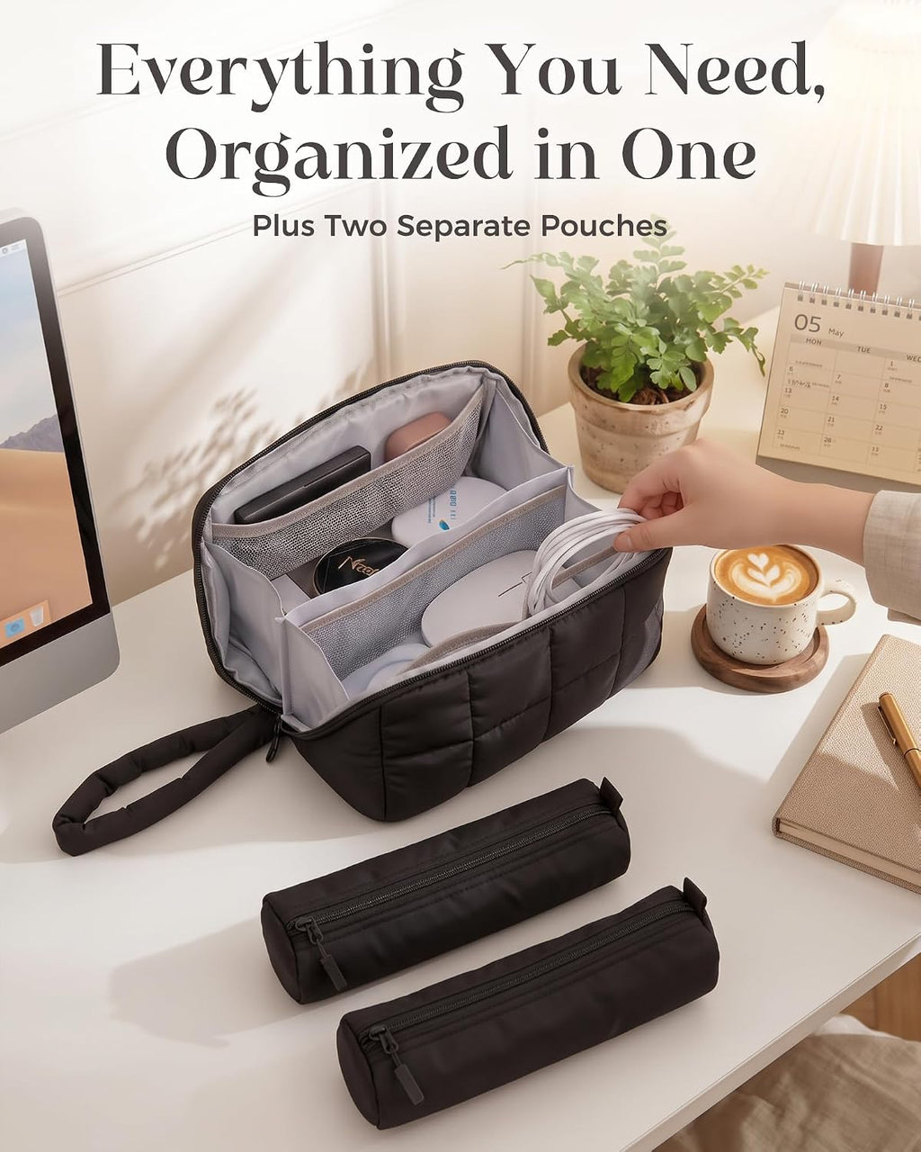 ProCase Travel Electronic Organizer Pouch, Puffy Tech Pouch -L, Black