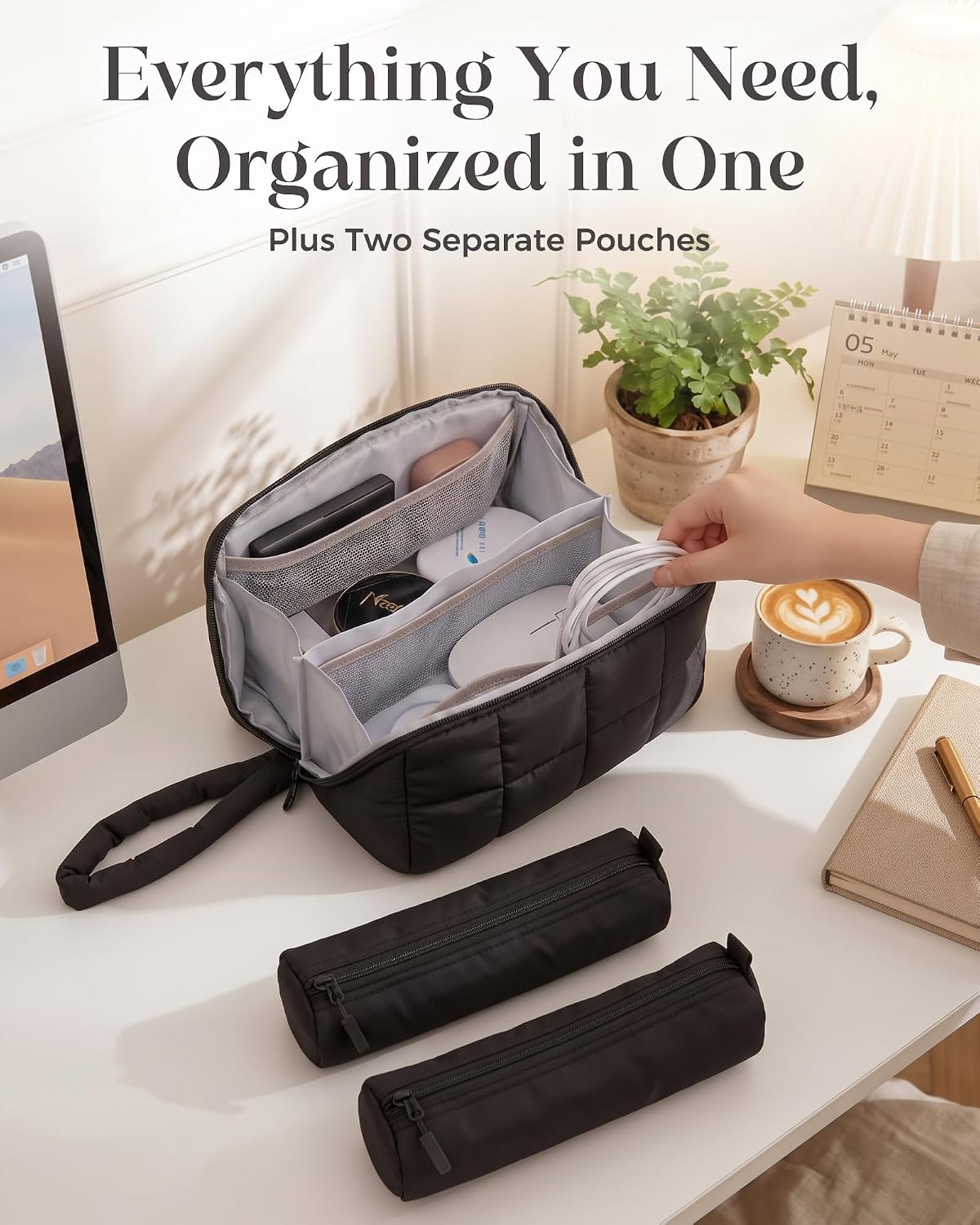 ProCase Travel Electronic Organizer Pouch, Puffy Tech Pouch -L, Black