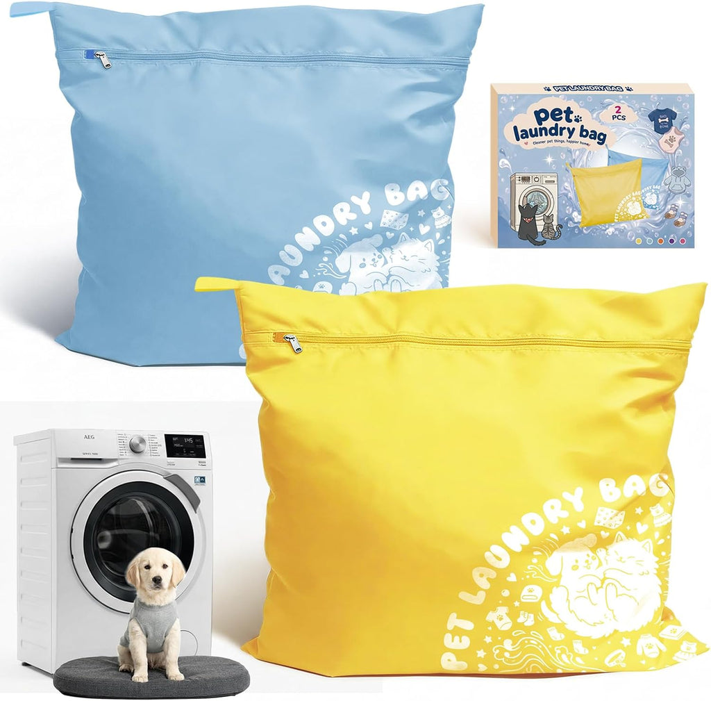 2PCS Pet Laundry Wash Bag for Washing Machine, 70x80cm Large Capacity Pet Laundry Bag for Dog Cat Horse Guinea Pig, Upgraded Tear-Resistant Fabric, Keep Laundry Free from Pet Hair, Blue & Yellow