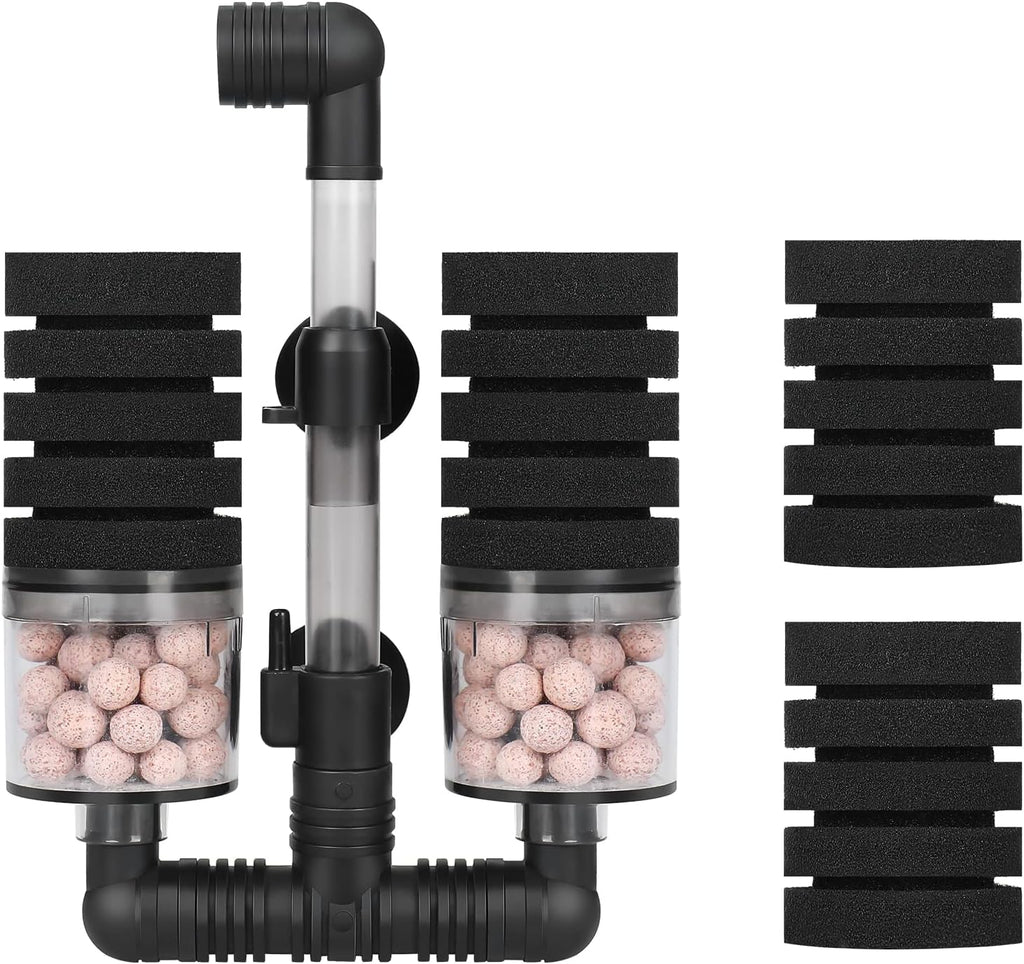 AQUANEAT Aquarium Air Powered Sponge Filter with Ceramic Media Balls, for Betta Fry Shrimp Fish Tank, with 2 Spare Sponges, up to 40Gal