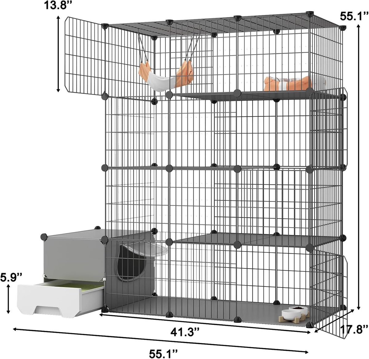 Oneluck Cat Cage with Litter Box,4-Tier DIY Enclosures Large Playpen Detachable Metal Wire Kennel Indoor Crate Large Exercise Place Ideal for 1-2 Cats (41.3" L x 17.8" W x 55.1" H)