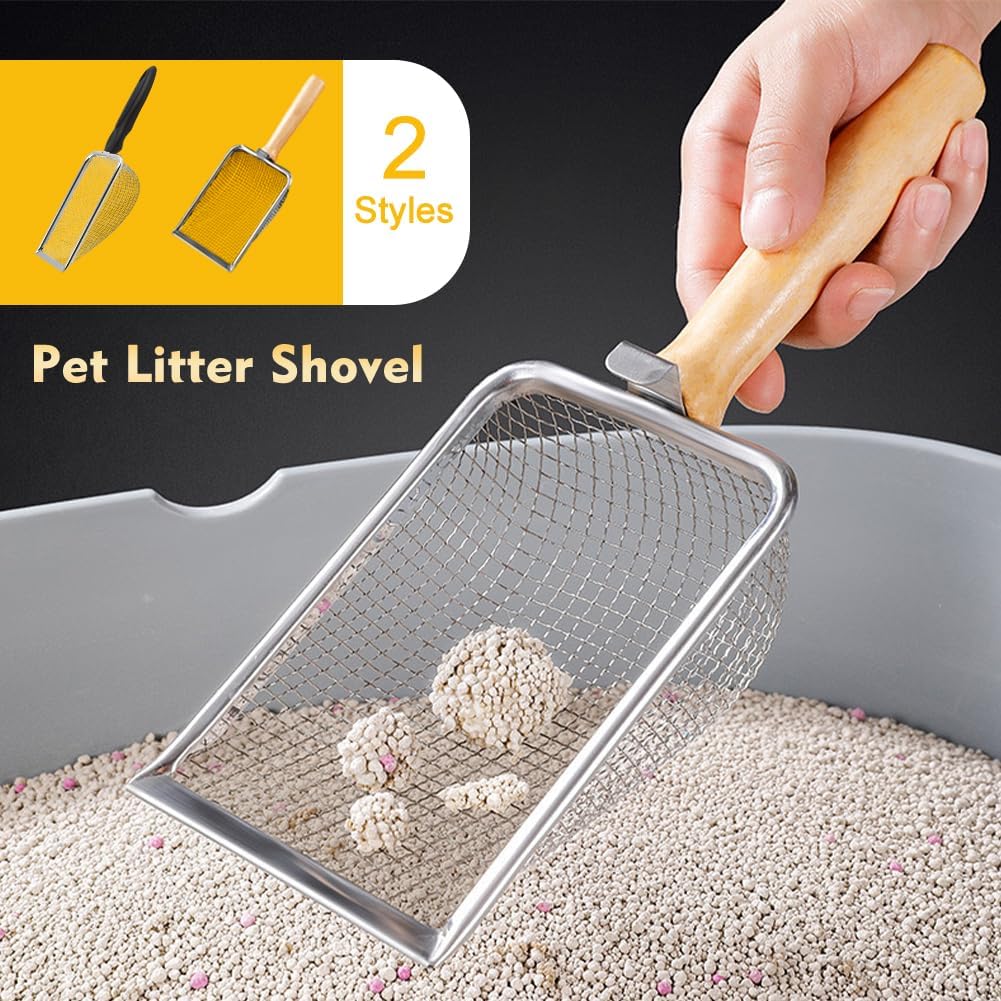 Cat Litter Scoop, Long Handle Scooper Beach Mesh Shovel,Practical Beach Deep Shovel, Stainless Steel Mesh Scooper,Heavy Duty Litter Scooper, Kitten Poop Sifting Cleaning Scoop(COLOR:Wood Handle)