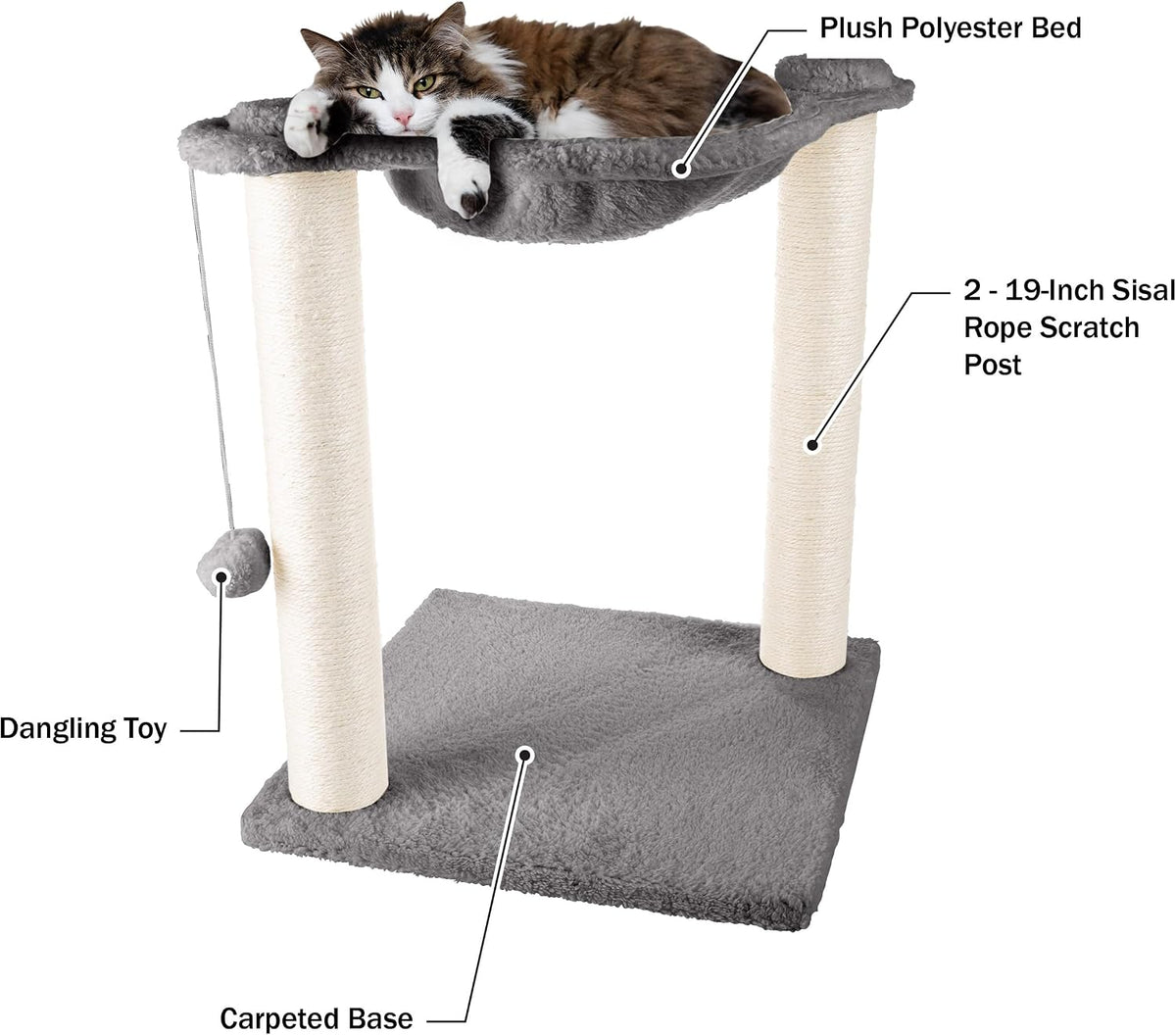 Cat Hammock with Scratching Posts for Indoor Cats - 19-Inch-Tall Cat Tree with Hanging Ball Toy for Adult Cats and Kittens by PETMAKER (Gray)