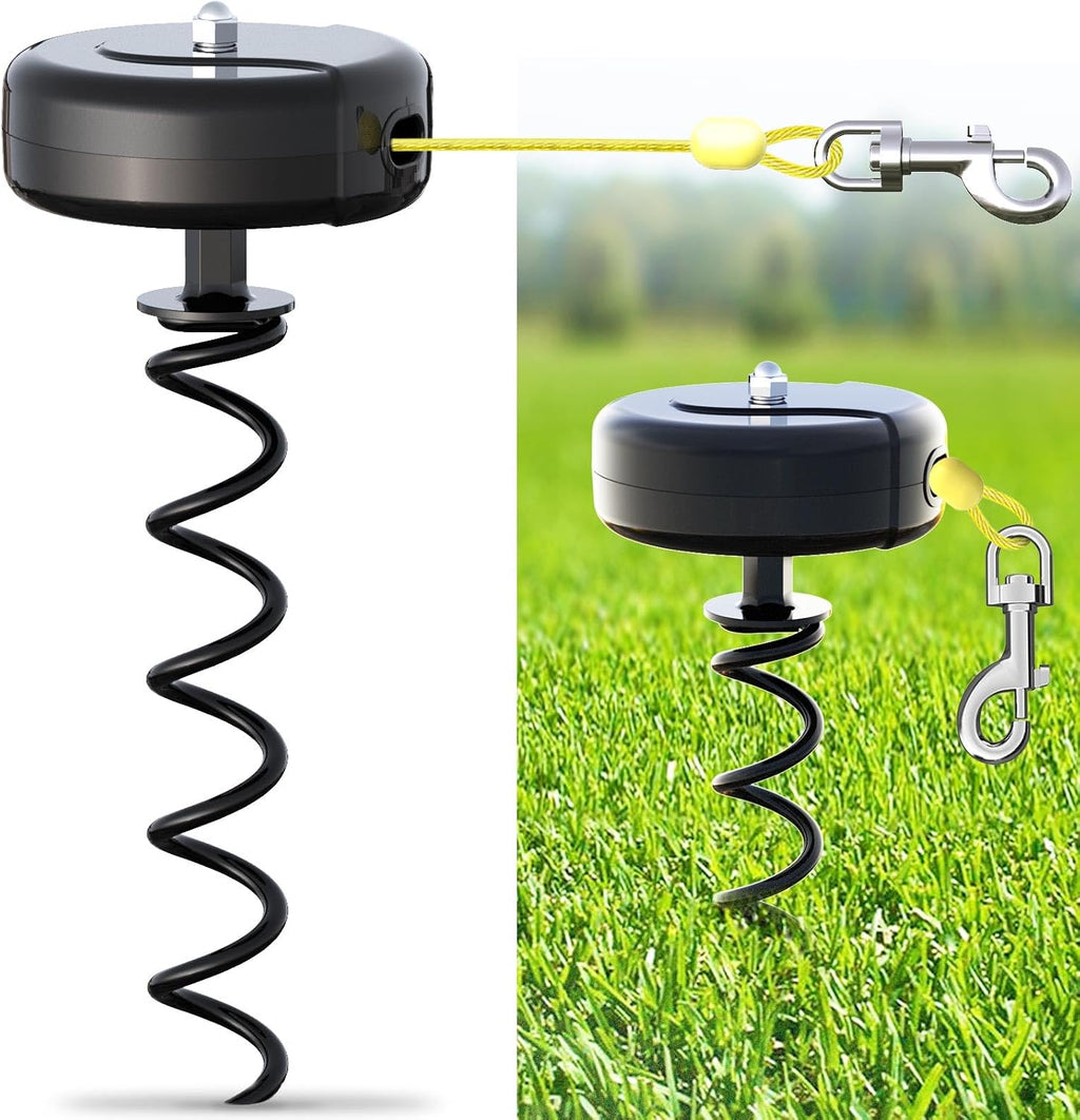 Dog Tie Out Cable and Stake 360° No Tangle Heavy Spiral Yard Stake and Retractable Dog Leash for Dogs Up to 10-90 lbs, 30ft Dog Chain for Outside Yard Camping Park (Black)