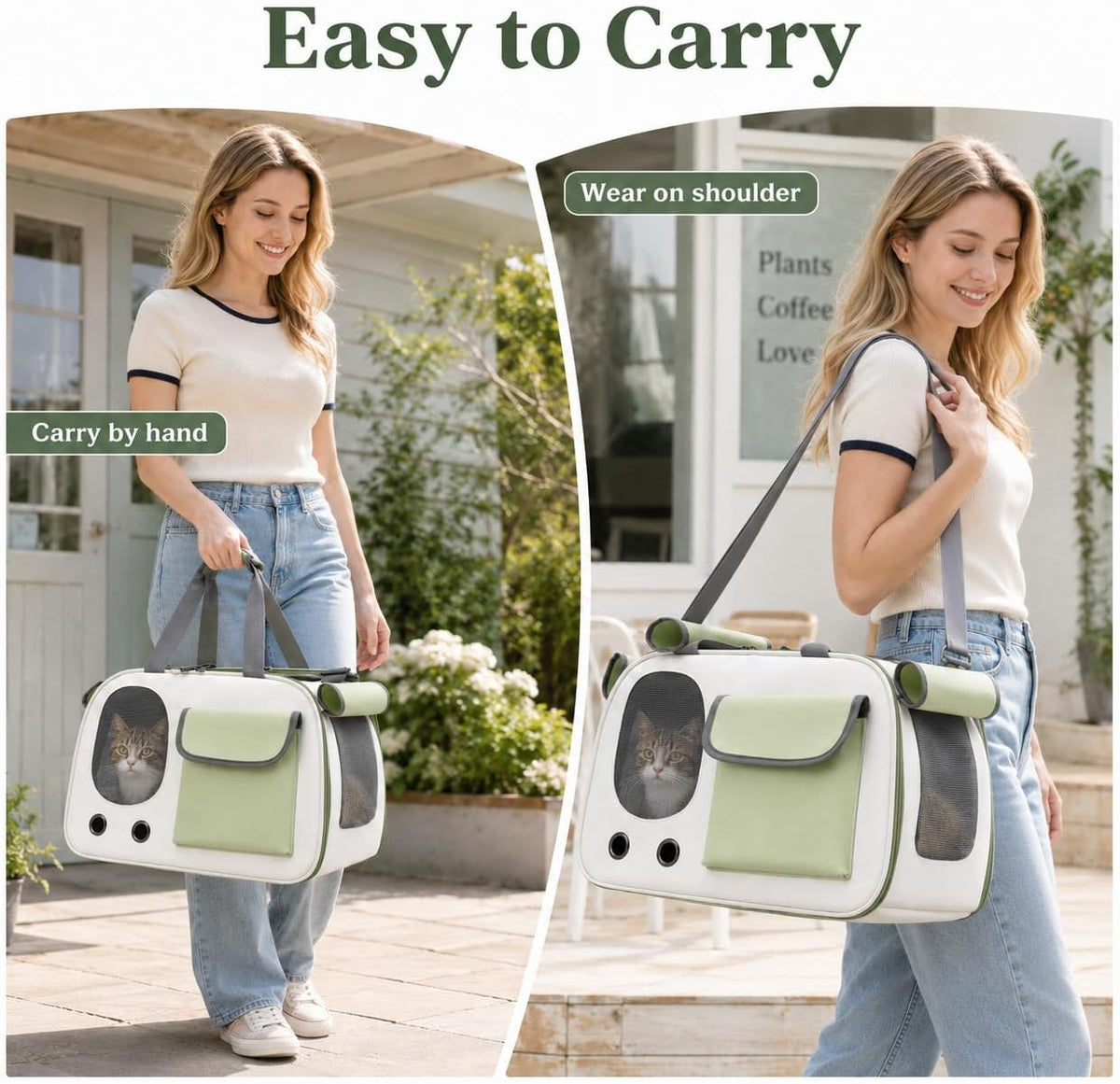 Soft-Sided Cat Carrier, 17.7“×10.2”×11“ Foldable Portable Pet Travel Bag, Cream & Green