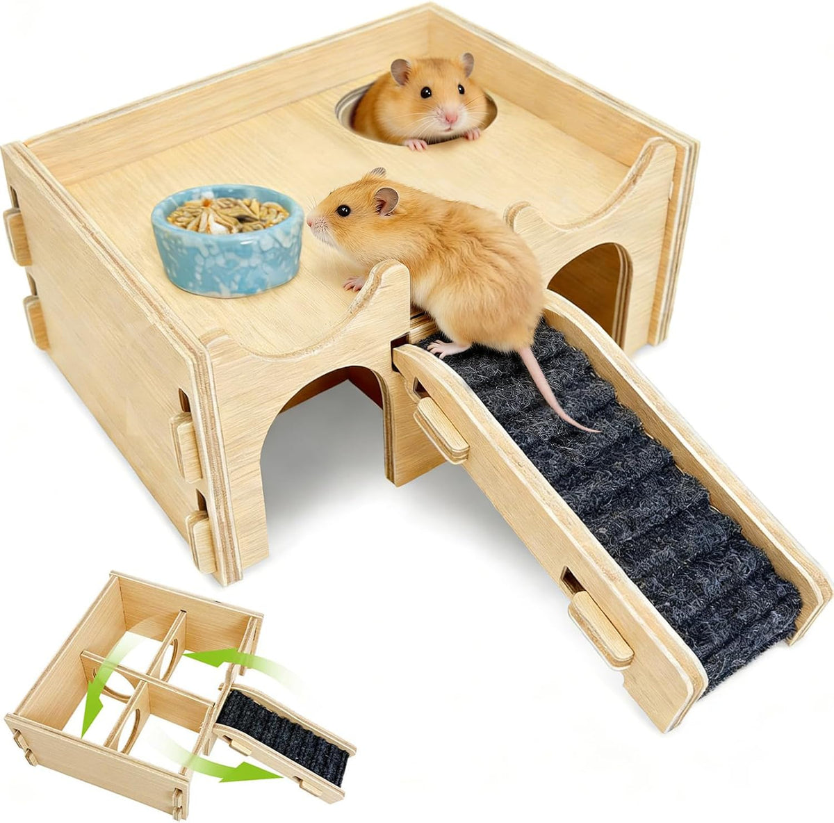 BNOSDM Wooden Hamster Hideout Set Multi Chamber Cage Accessories and Ladder