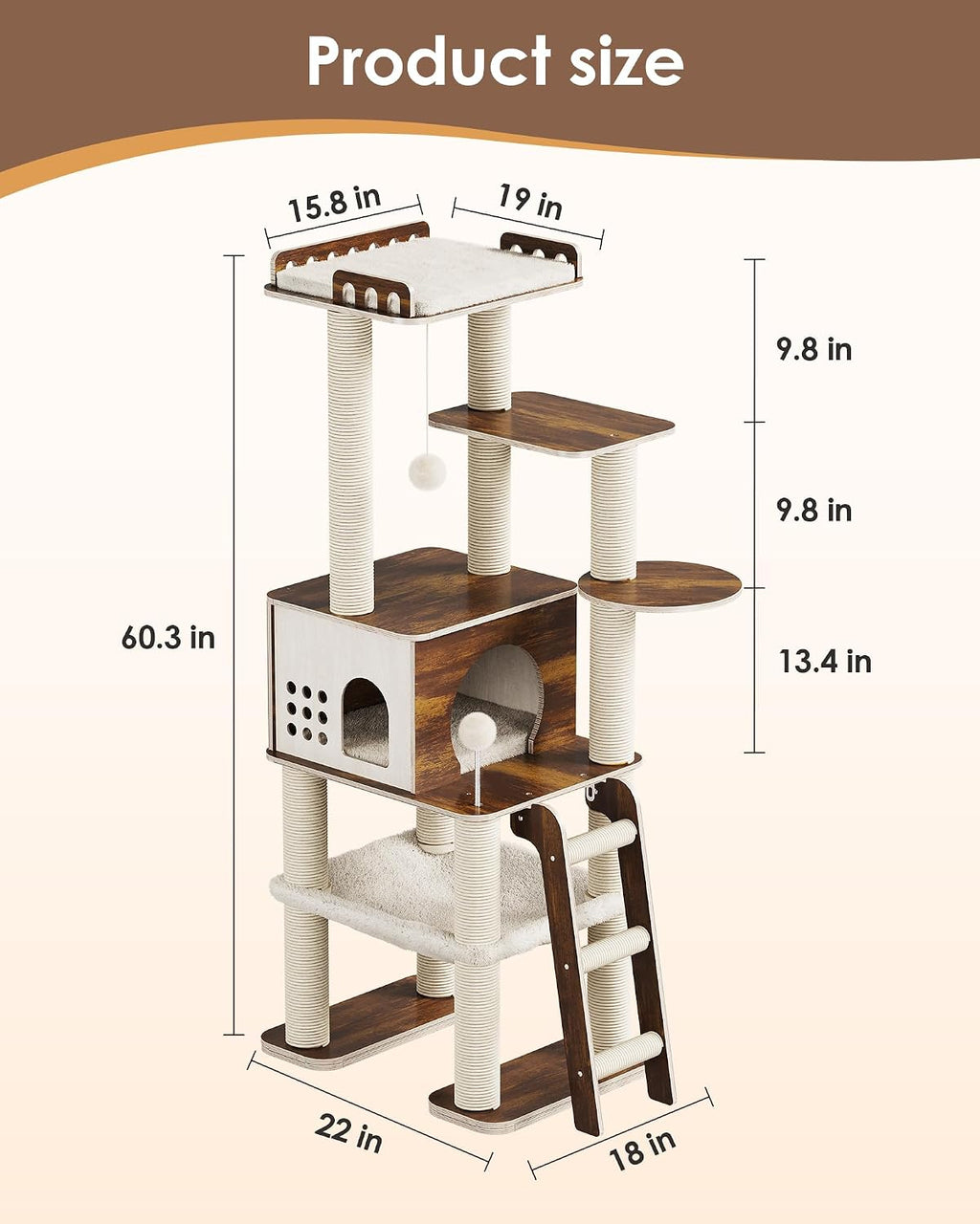 Modern Cat Tower, 60.3 Inches Multi-Level Cat Tree with Dark Wood-Look Panels, Sisal Scratching Posts, Hammock & Plush Perch, Safe for Kittens to Adult Cats