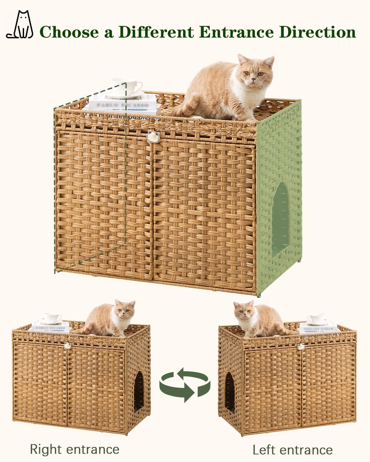 SETVSON Cat Litter Box Enclosure, Extra Large Hidden PE Rattan Natural