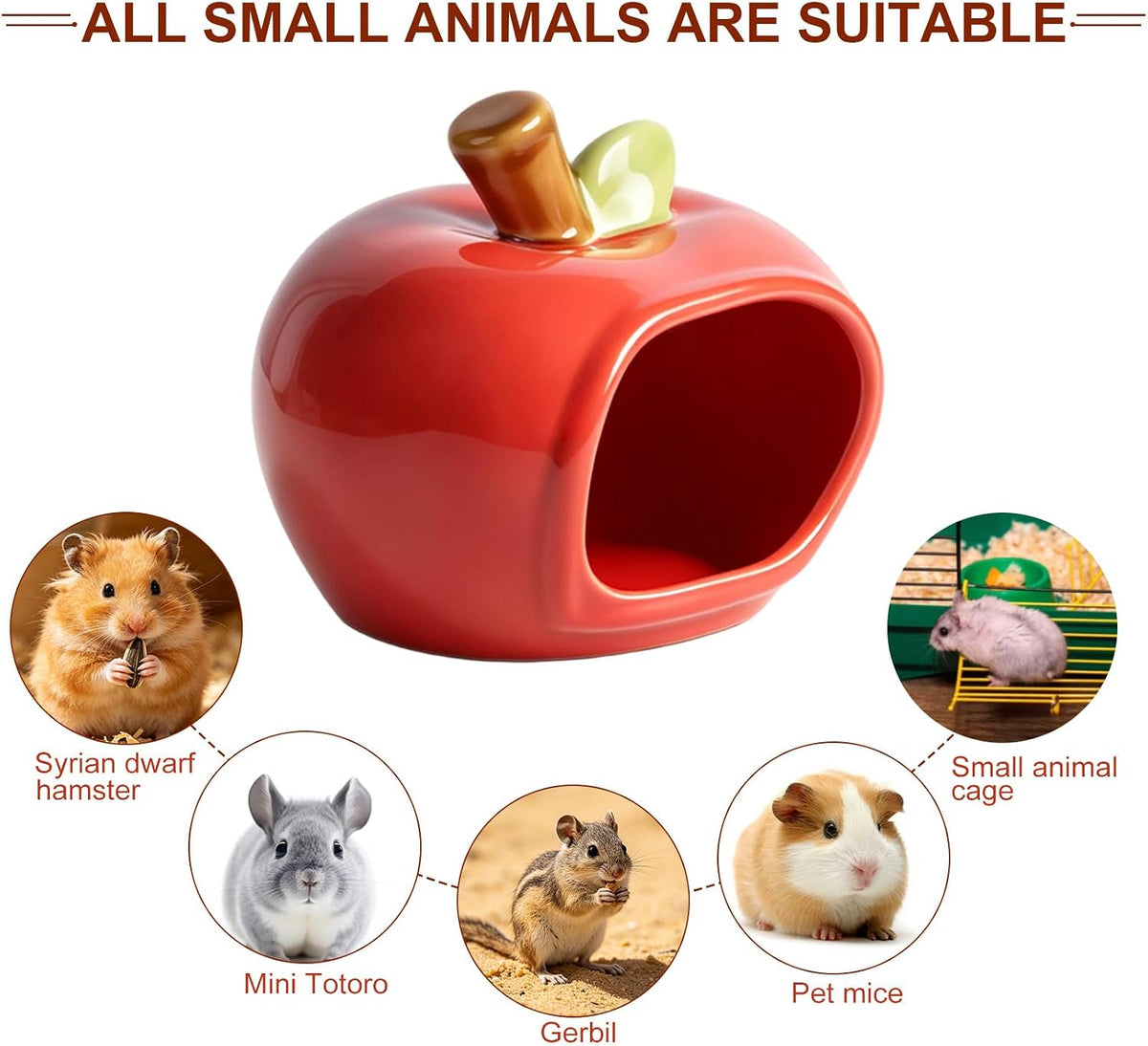 Ceramic Hamster Hideout, Cozy Pet House for Gerbil & Mice, Red, Large