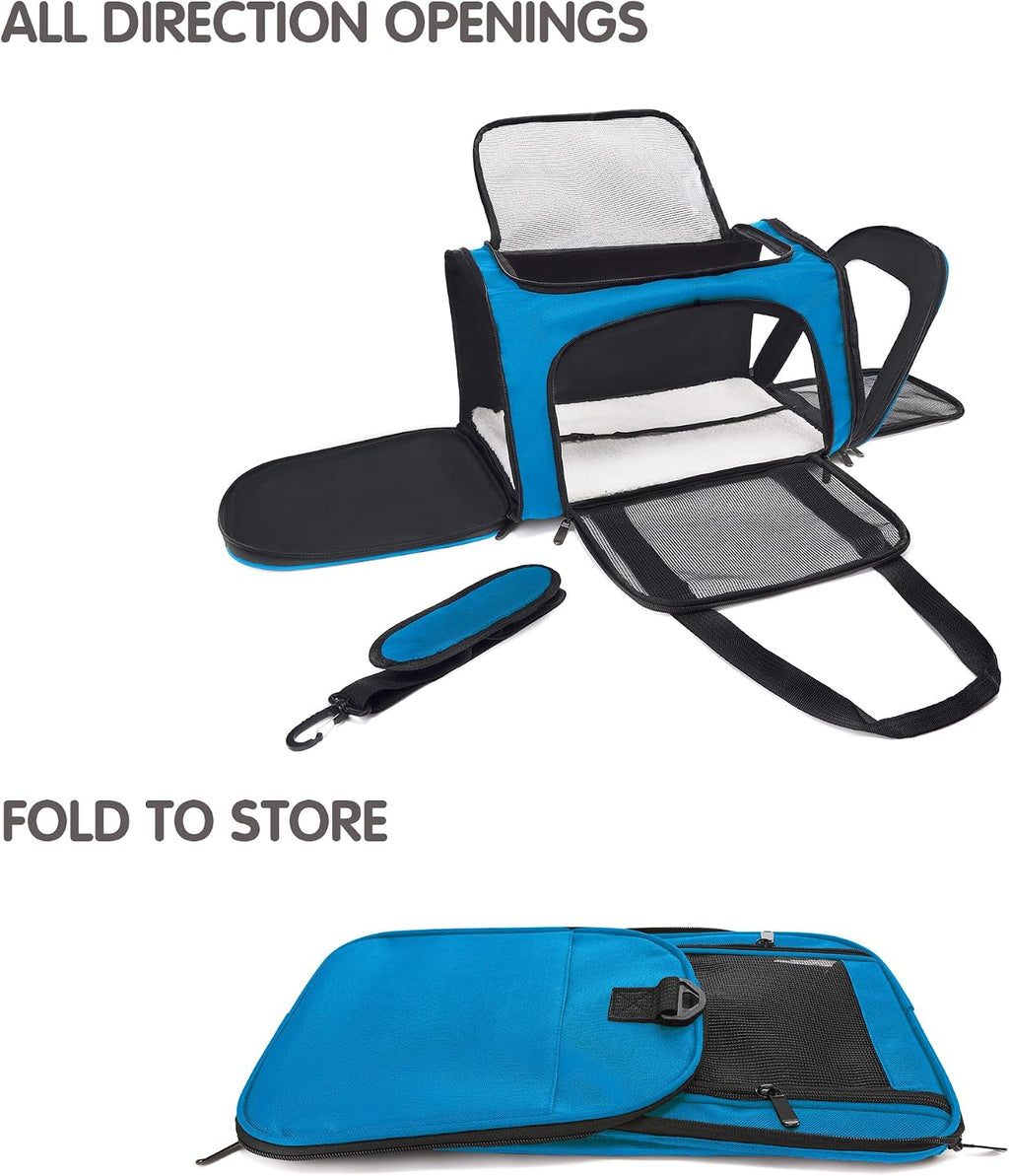 Soft Sided cat Carrier Bag Breathable Mesh Cat Dog Travel Carrier with Hand & Adjustable Crossbody Shoulder Strap (Blue, 17.0''L × 12.6‘’W × 11.9‘’H)