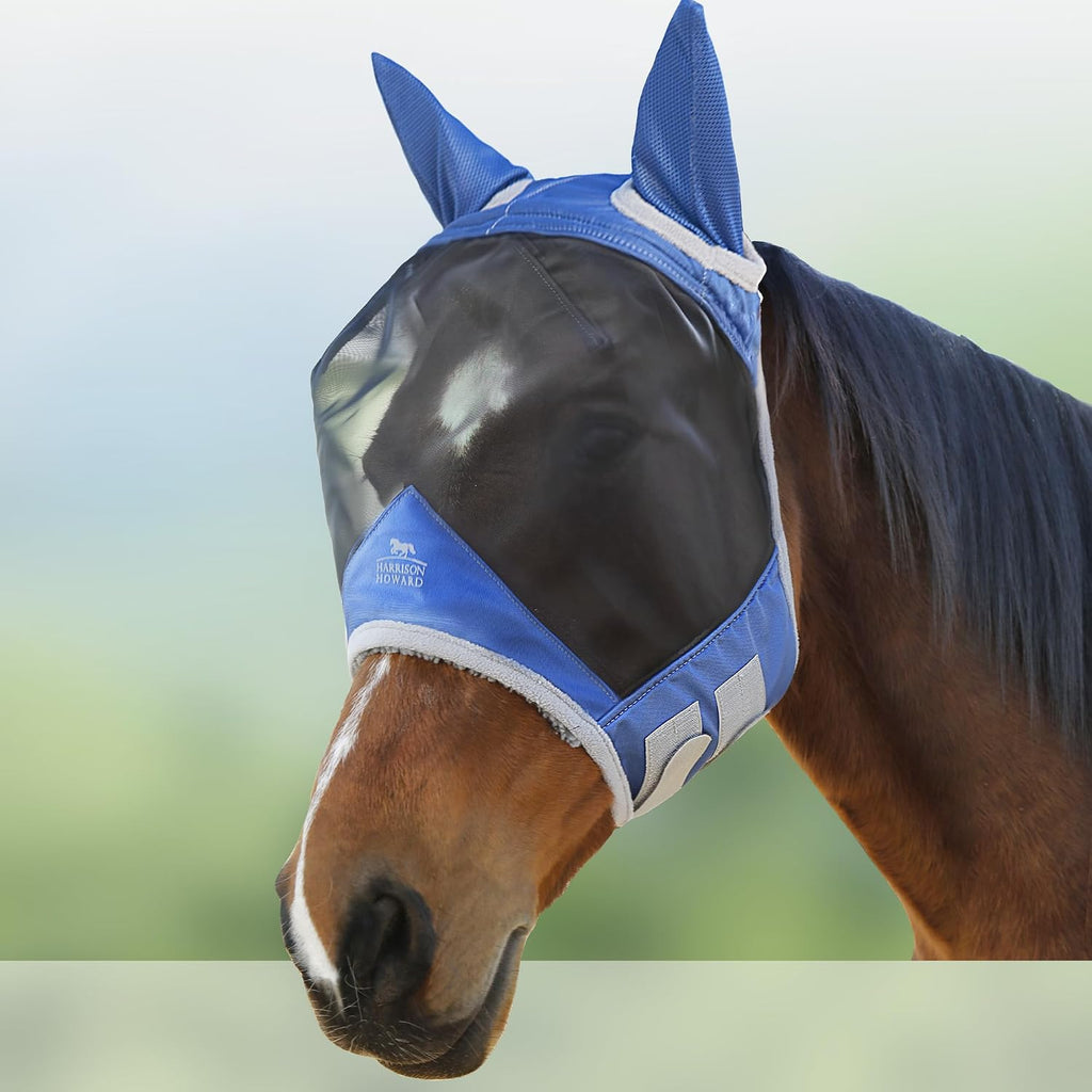 Harrison Howard CareMaster Pro Luminous Horse Fly Mask Large Eye Space Standard with Ears UV Protection for Horse Royal Blue M Cob