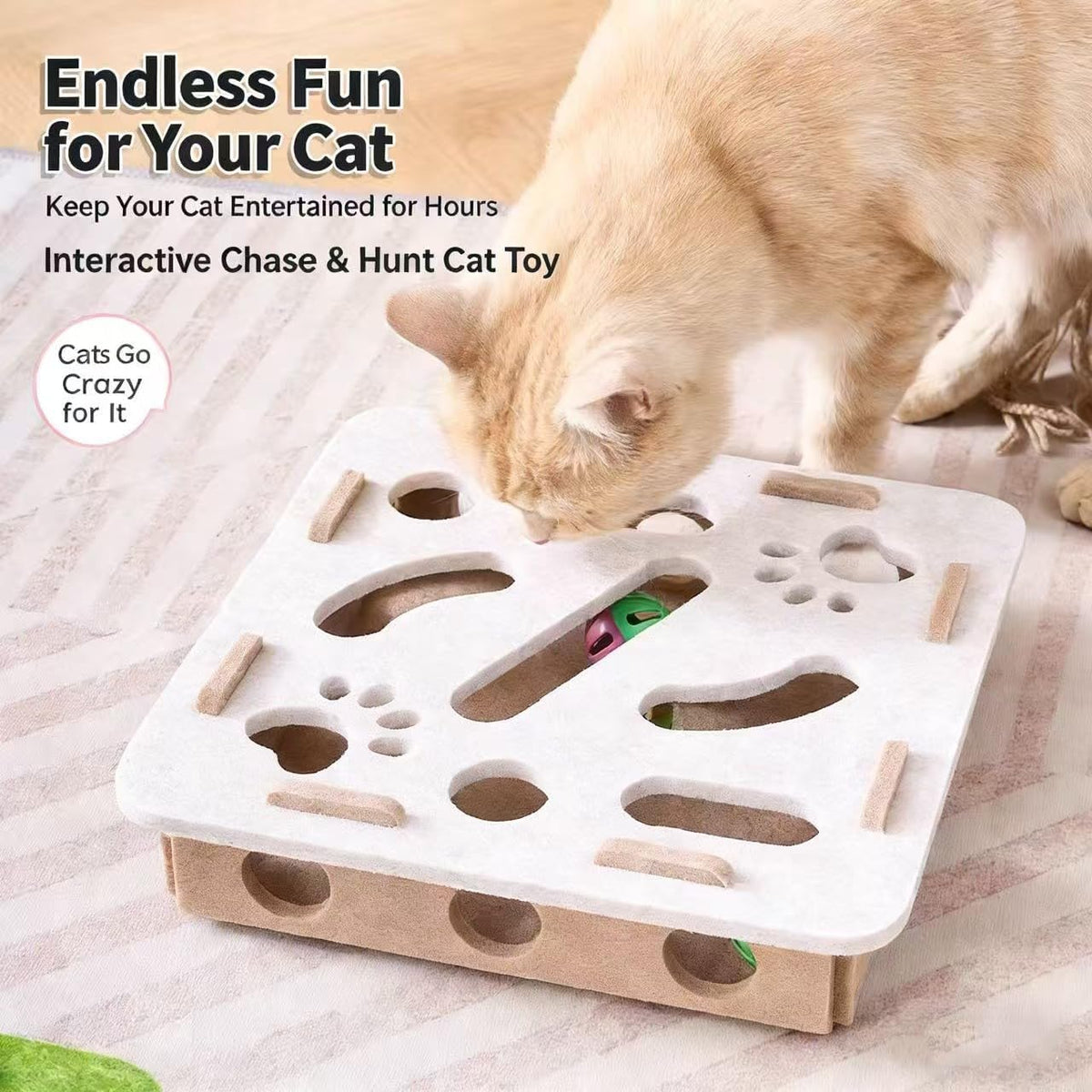 Interactive Cat Puzzle Toy, Cat Scratch Puzzle Enrichment Box with Bell, Felt Maze Box, Mental Stimulation Toy for Cats, Self Play Fun Exercise Hide Seek Moving Cat Toy for Bored Cats