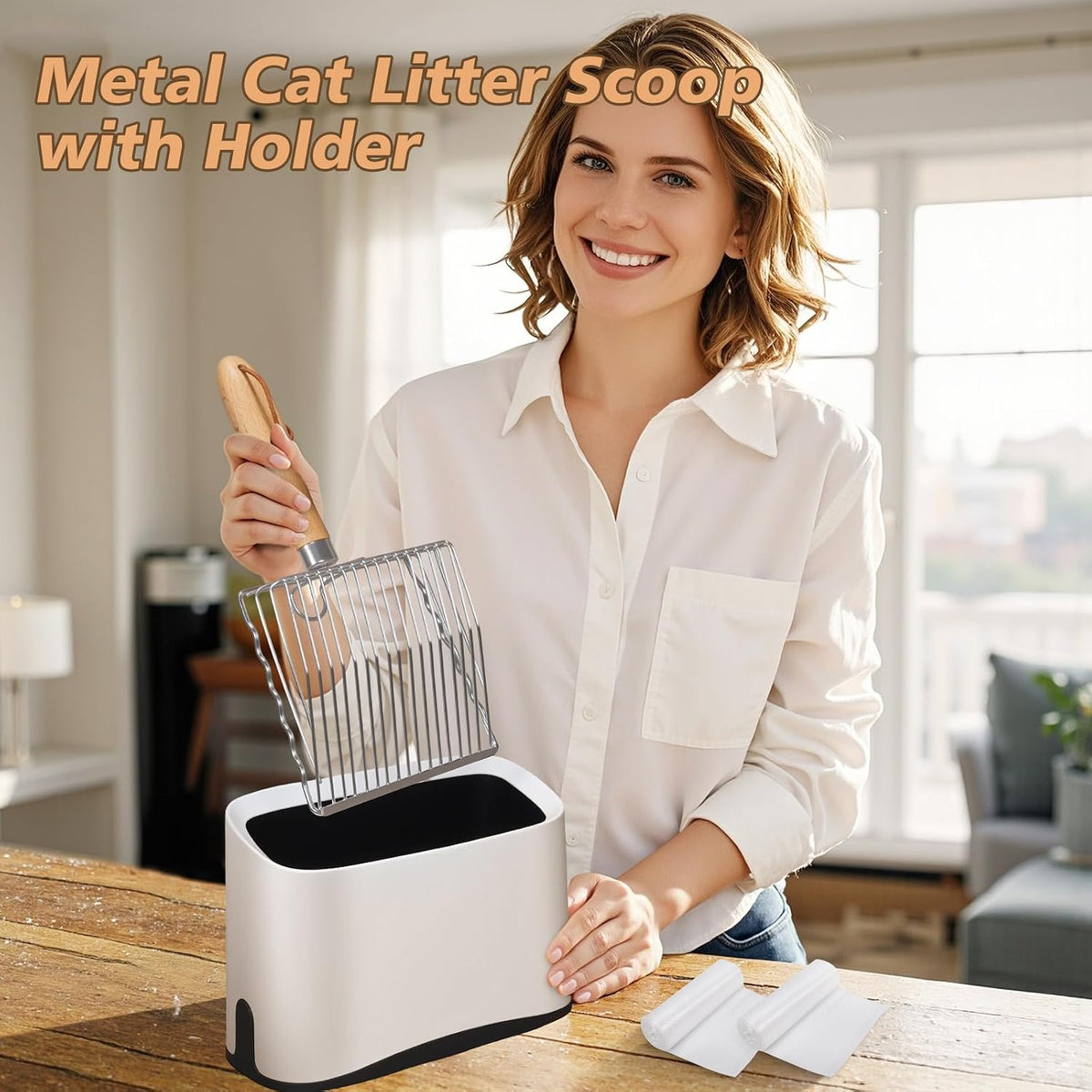 Metal Cat Litter Scooper with Holder,Poop Scooper with Waste Can,Refill Bag