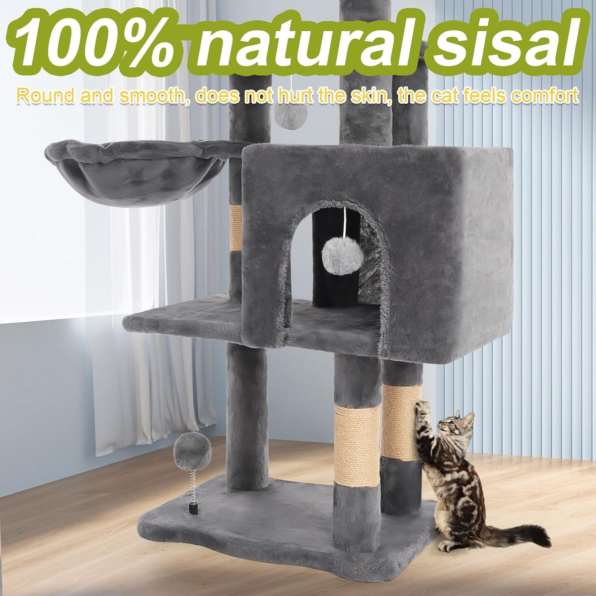 Cat Tree Tower with Hammock,40" Cat Trees for Indoor Cats Large Adult(Grey)
