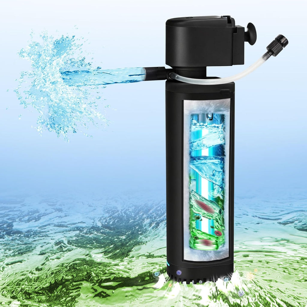 TARARIUM Aquarium Filter U-V for 20-75 Gallon, 200GPH Fish Tank Filter w/ 5W U-V Light Green Clean Machine Submersible Powerful Pump Internal Filter for Turtle Tank Saltwater Freshwater Crystal Clear