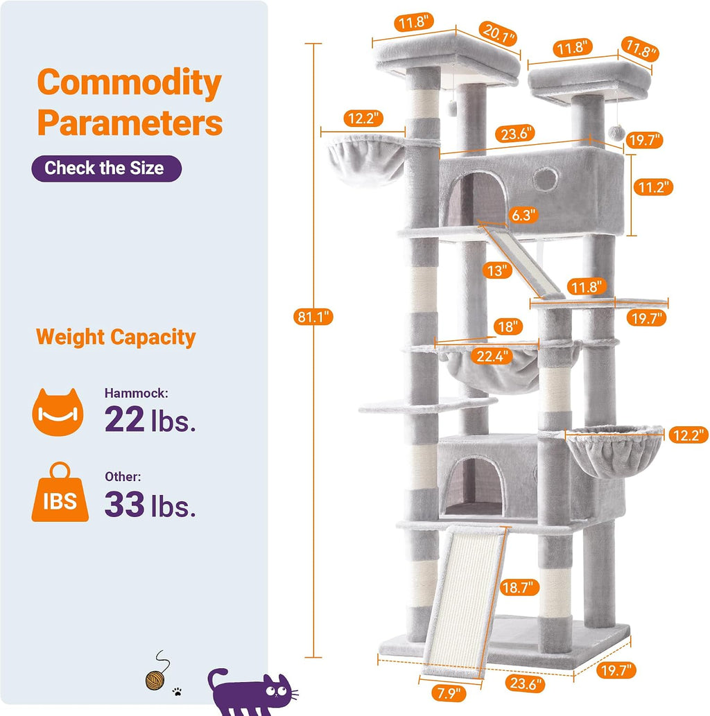 Allewie 81 Inches Tall Cat Tree/Multi-Level Large Climbing Tree House and Towers for Big Feline/Condo and Hammock/Scratching Post/Wide Base/Grey