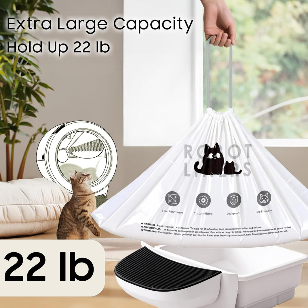 120 Pack Automatic Litter Box Bags Fit for Litter Box Robot 5/4/3, Heavy Duty Drawstring Waste Bags, Sensor-Compatible, Tear Resistant, Pop-Up Dispenser, White, 25.2" x 15.7"