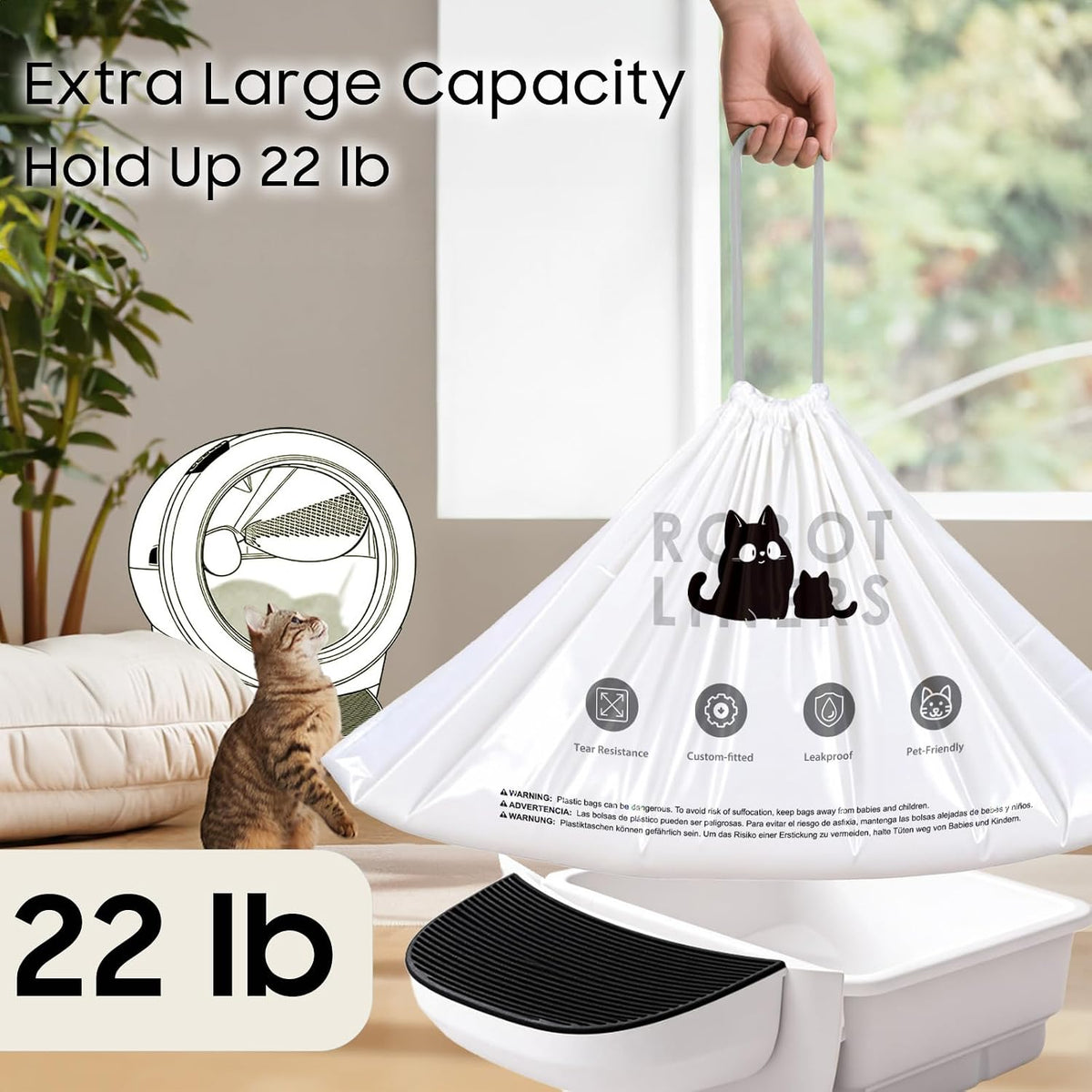 120 Pack Automatic Litter Box Bags Fit for Litter Box Robot 5/4/3, Heavy Duty Drawstring Waste Bags, Sensor-Compatible, Tear Resistant, Pop-Up Dispenser, White, 25.2" x 15.7"