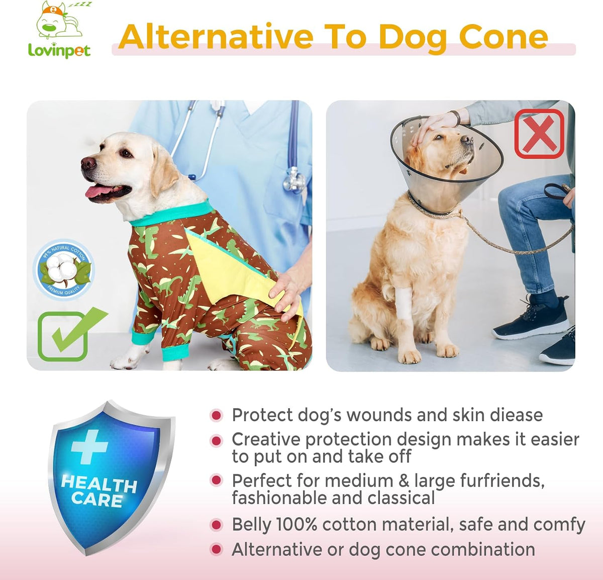 LovinPet Dog Recovery Bodysuit, Protective Coverage, Dinosaur Pattern, M