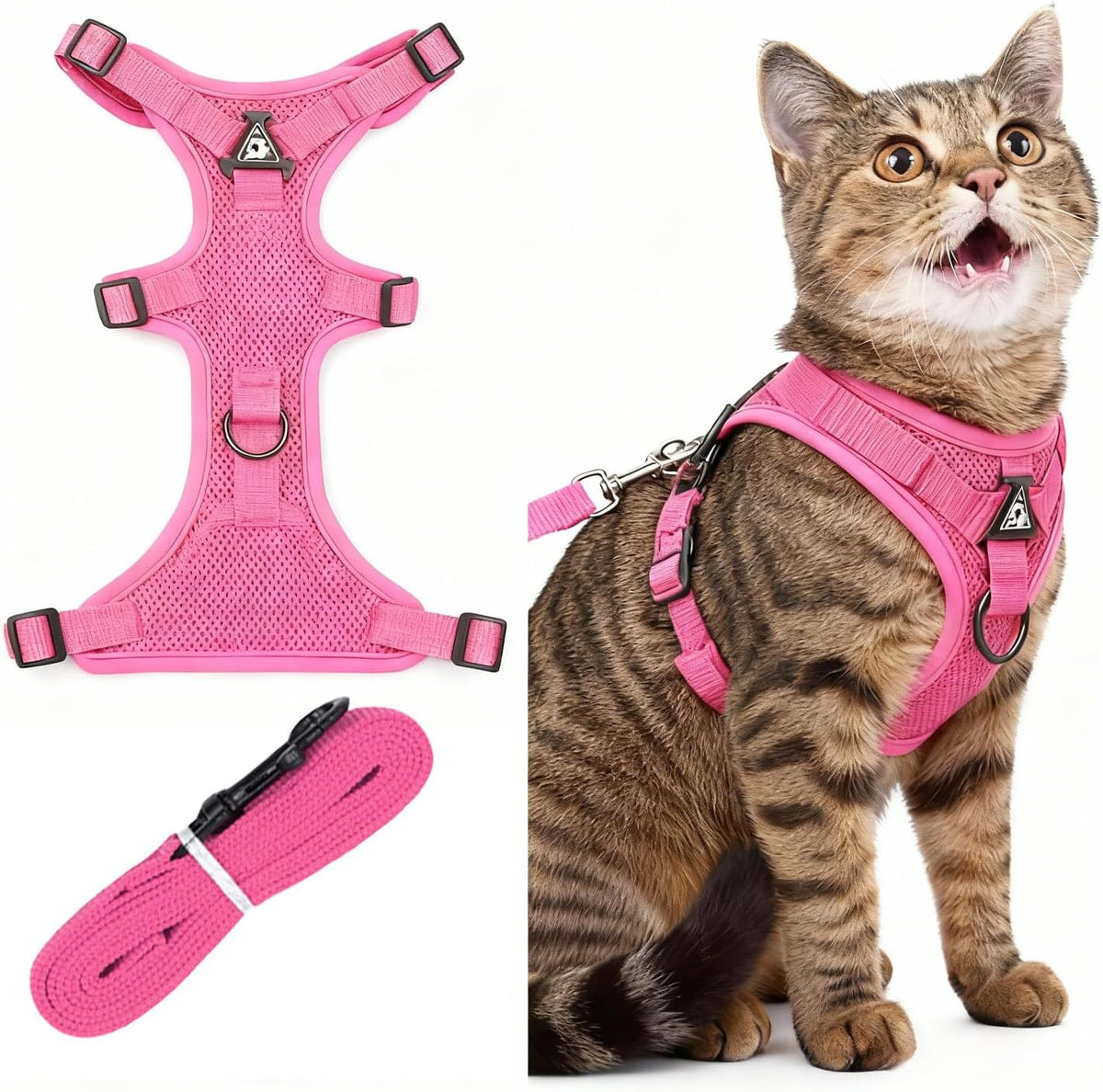 Cat Chest Harness and Leash Set for Walking Escape Proof, Soft Adjustable Vest Harnesses for Cats, Kitten Jacket with Reflective Strip, Easy to Put on with 3 Buckles for Traveling (Red, M)