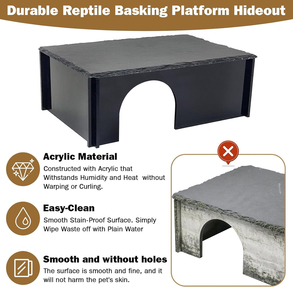 PINVNBY Bearded Dragon Hide Cave, Reptile Basking Platform with Slate Rock