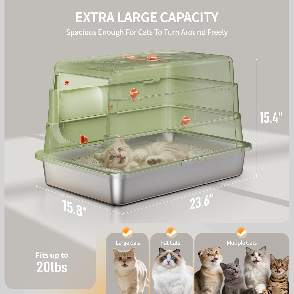 Stainless Steel Cat Litter Box with Lid, XL Large Enclosed, Green