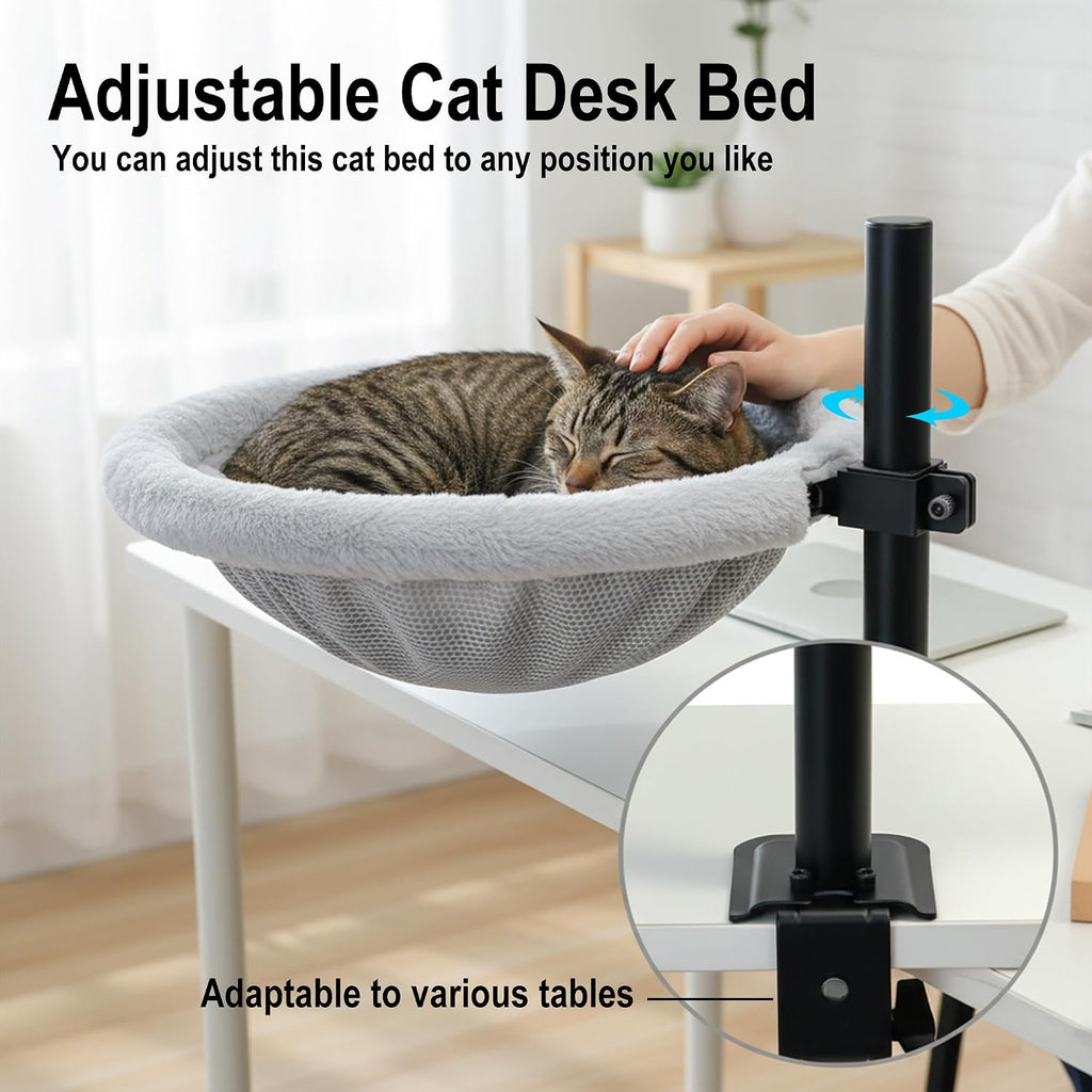 Cat Desk Bed, 360° Rotating & Height Adjustable Cat Perch for Desk, Soft Faux Fur, Removable & Washable, Supports Up to 44 lbs – Perfect for Remote Workers, Gamers & Office Cats