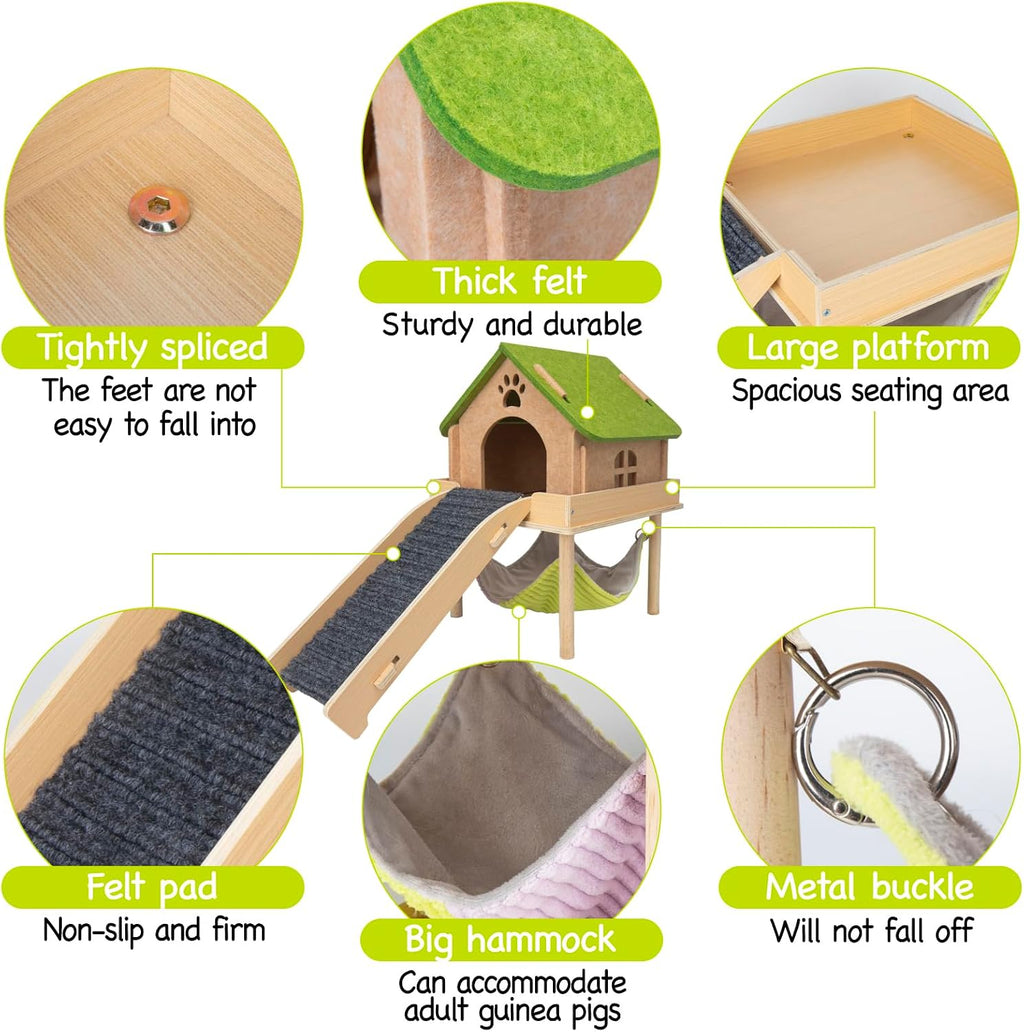 3 in 1 Enlarged Guinea Pig Hammock,Wooden Guinea Pig Hideout with House & Platform & Stairs Small Animal Toys for Hiding Sleeping Activities