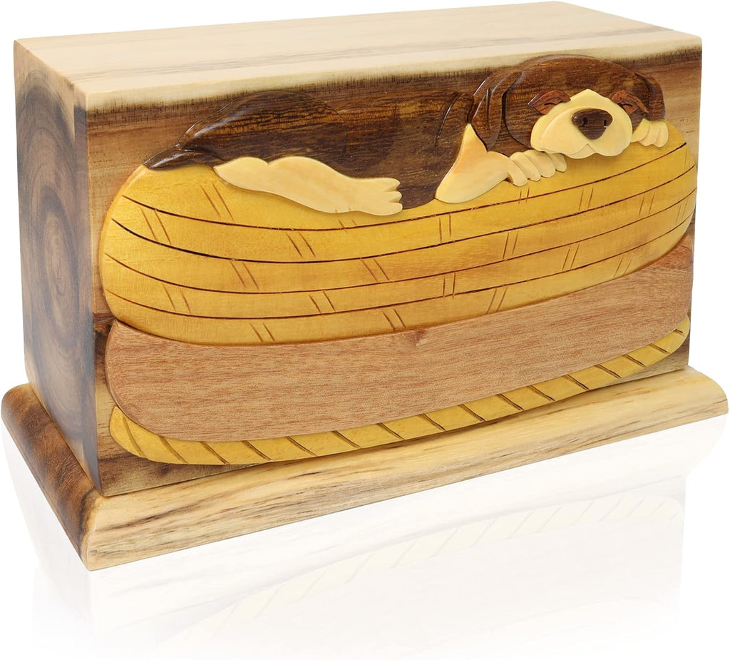 Royal Matter Wooden Cremation Pet Urn Box with Sleeping Dog Design - Oak, Black Walnut and Beech Keepsake Urns in Loving Memory of Pets - Hand Carved Memorial for Pet Ashes - 30 Cubic Inches