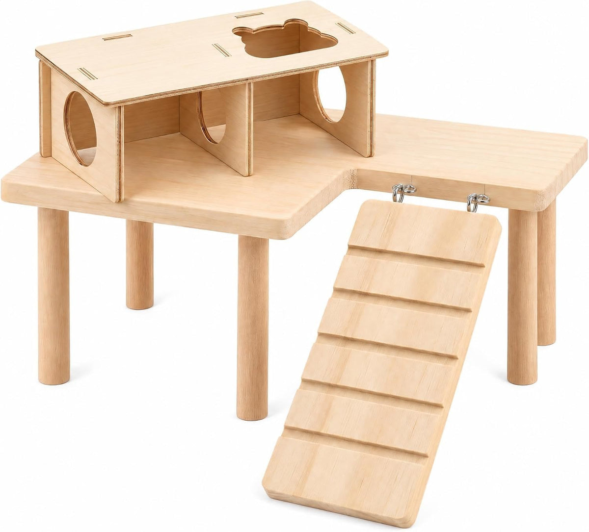 Hamster Hideout and Platform Set, Wooden 2-Chamber Hamster Tunnel