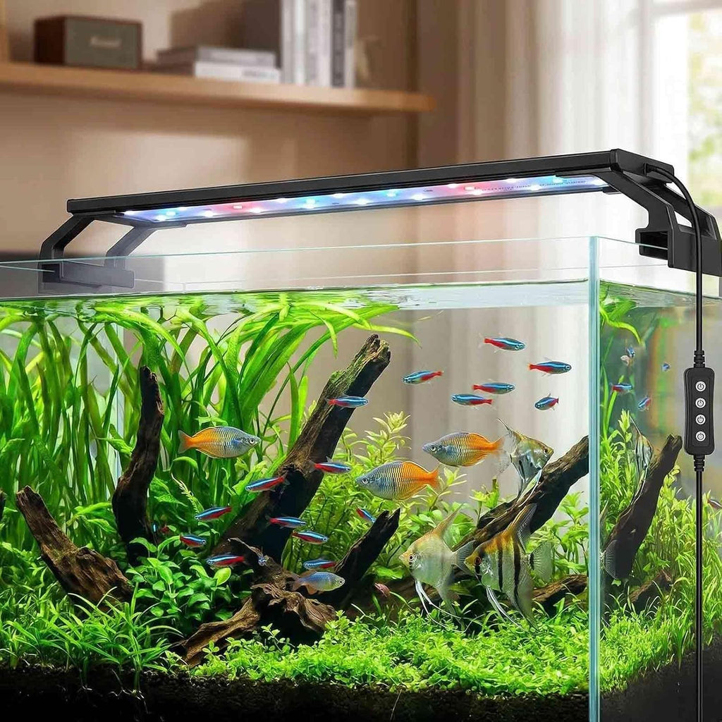 10W Full Spectrum Aquarium Light with Aluminum Alloy Shell Extendable Brackets, White Blue Red LEDs, Adjustable Brightness, Timer Controller, for Freshwater Fish Tank,Plant Light (11.8 inches)