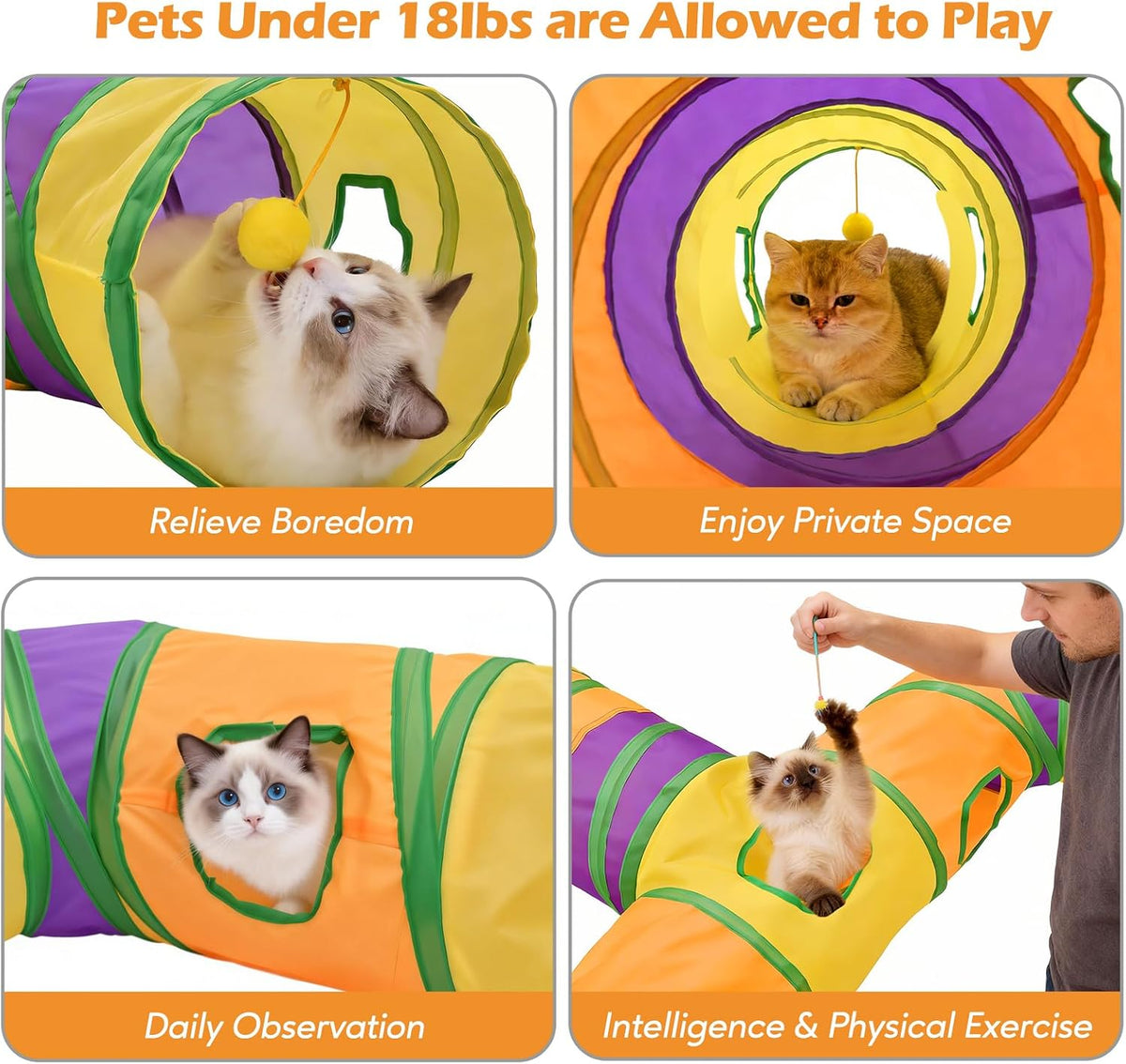 Petizer Portable Cat Tunnels for Indoor Cats, Pop Up Tear-Resistant Cat Tube, Waterproof & Washable Play Tunnels for Cats, Kittens, Kitty, Puppy, Rabbit (Rainbow Color)