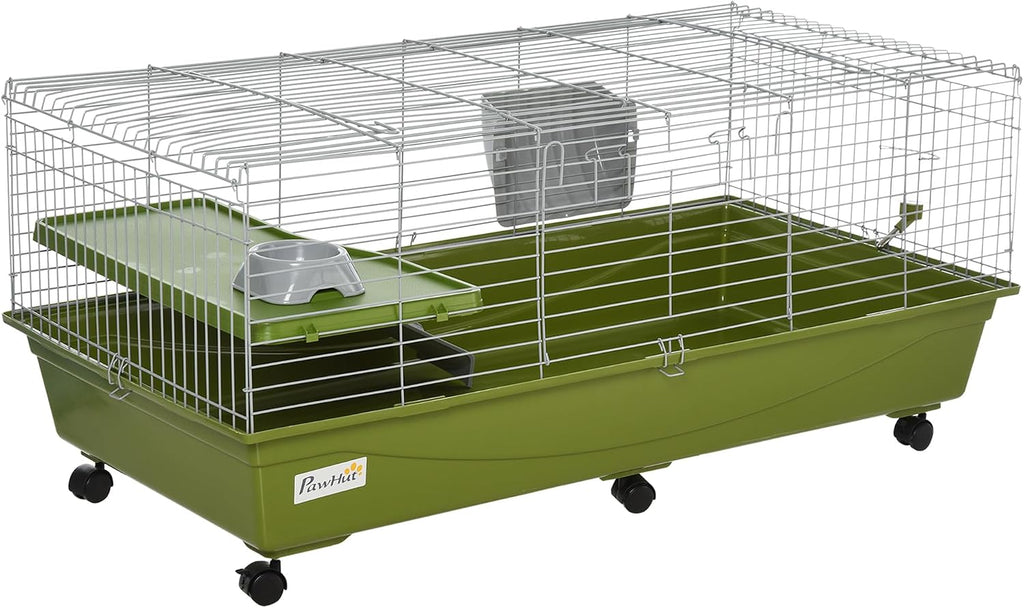 PawHut 47" L Small Animal Cage, Rolling Bunny Cage, Guinea Pig Cage with Food Dish, Water Bottle, Hay Feeder, Platform, Ramp for Chinchilla, Green