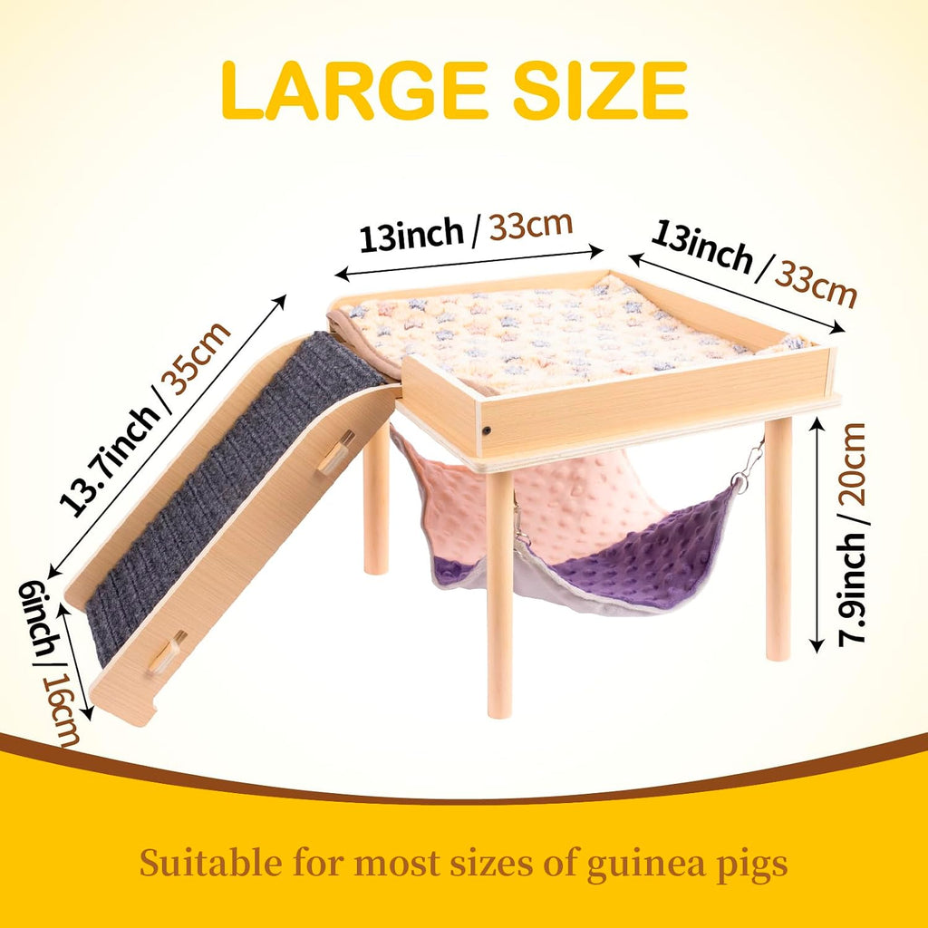 BESNEW Enlarged Guinea Pig Hammock with Platform and Stairs,Wooden Small Animal Hideout for Guinea Pigs Bunny Ferret Hamster Hiding Sleeping Activities(Single)