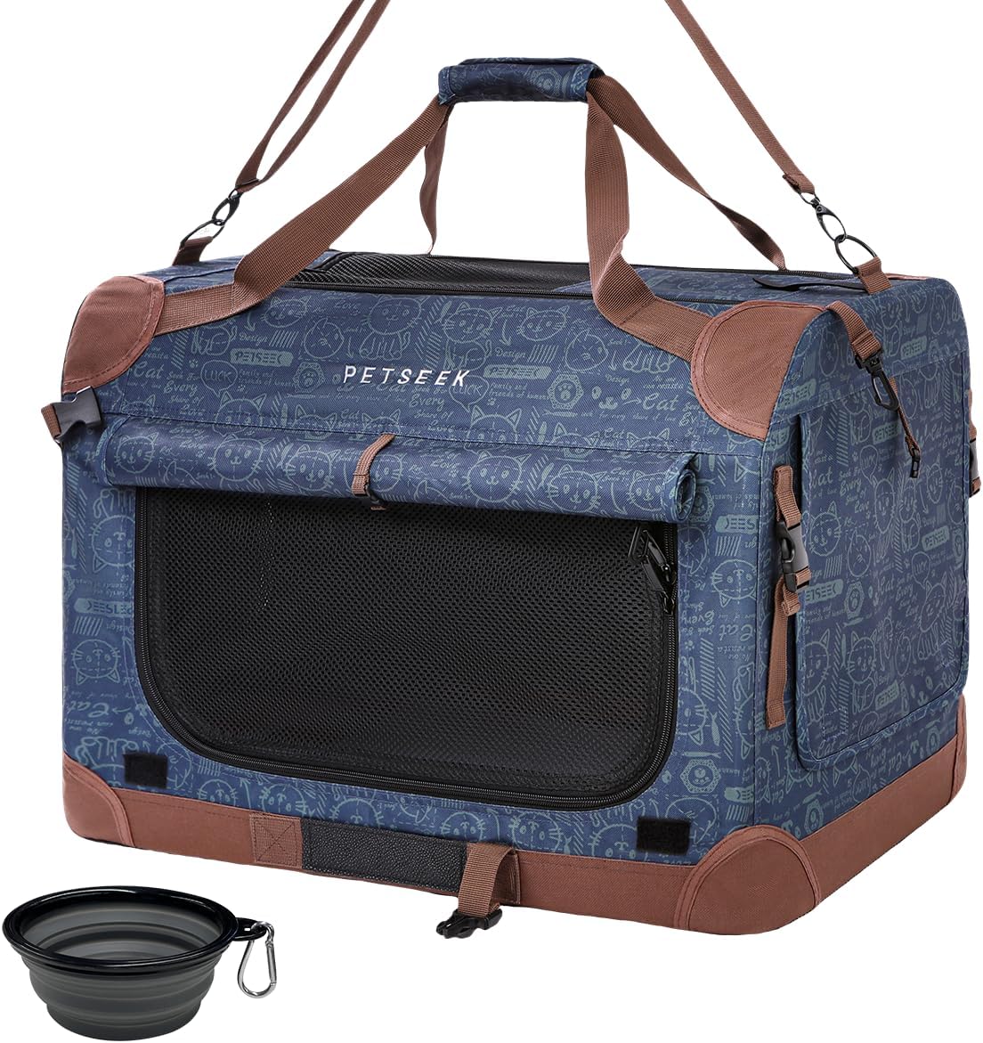 Extra Large Cat Carrier Soft Sided, Portable Small Dog Carrier for 2 Cats, 24"x16.5"x16" Car Travel Folding Comfortable Design with Litter Box and Bowls, Grey-2+ Litter Box+ Bowl*2
