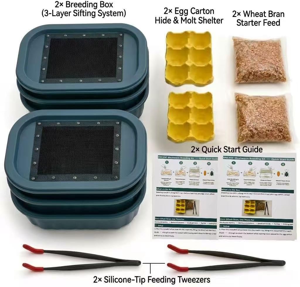 Mealworm Breeding Kit - 3-Layer Worm Farm Container with Sifting Tray for Live Mealworms, Superworms & Reptile Feeder Insects-2Pack