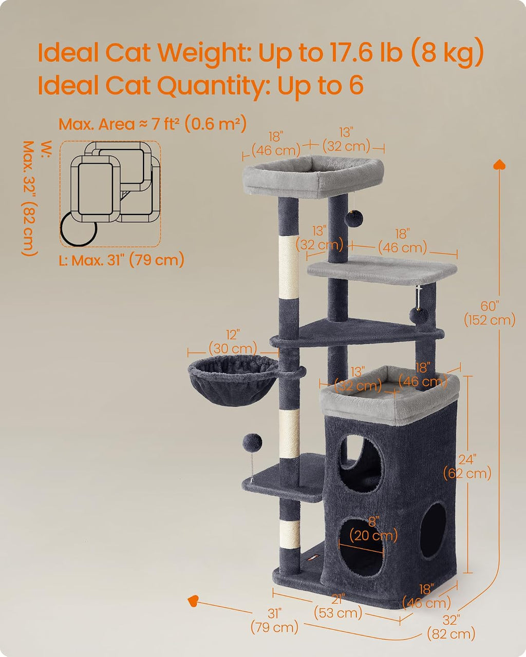 Feandrea Cat Tree Indoor, 60" Multiple-Level Plush Cat Tower, Dark Gray