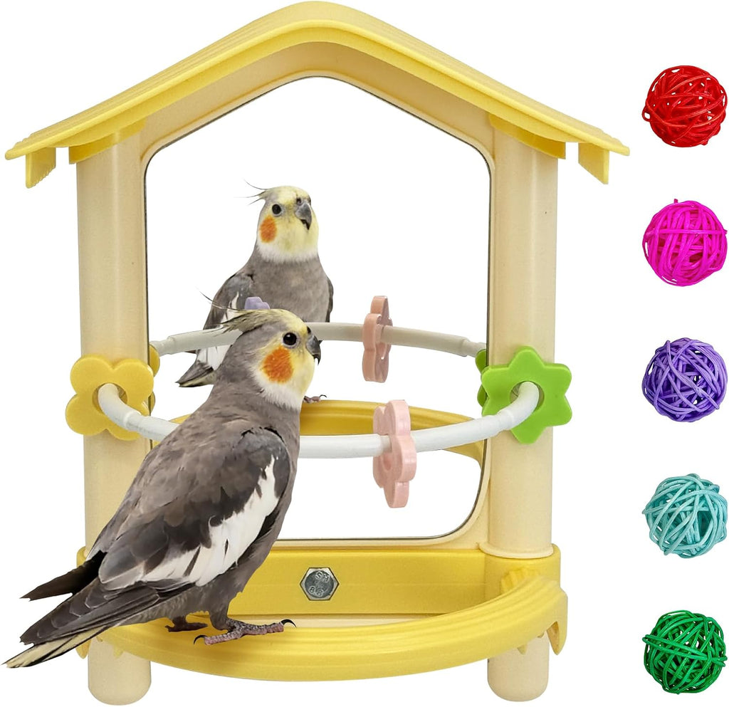 Bird Mirror with Plastic Perch and 5PCS Colorful Rattan Balls Parakeet Hanging Swing with Mirror Interactive Toy Bird Cage Accessories for Cockatiel Parrot Conures Cockatoo Finch(Yellow)