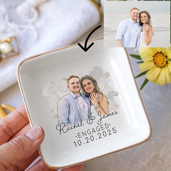Personalized Couple Portrait Photo Ring Dish Engagement Gift, Ring Holder Dish - Image 2