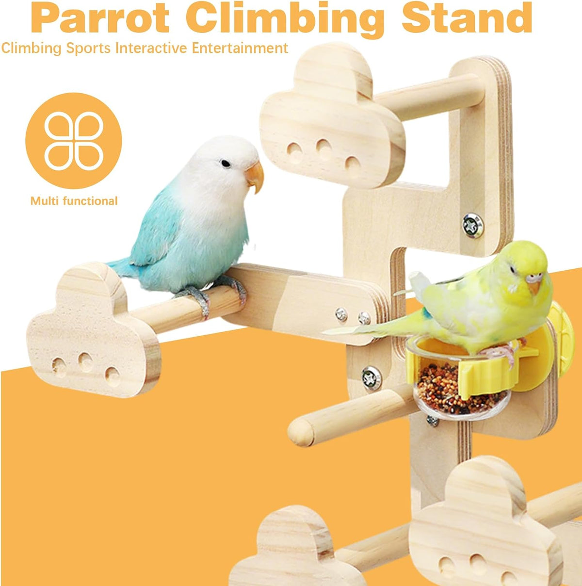 Parrots Playground,Natural Wood Perch Stand with Feeding Cups,Parrots Play Gym,Birds Perch Stand for Budgie Conures Cockatoos Lovebirds(Includes PVC Food Bowl)