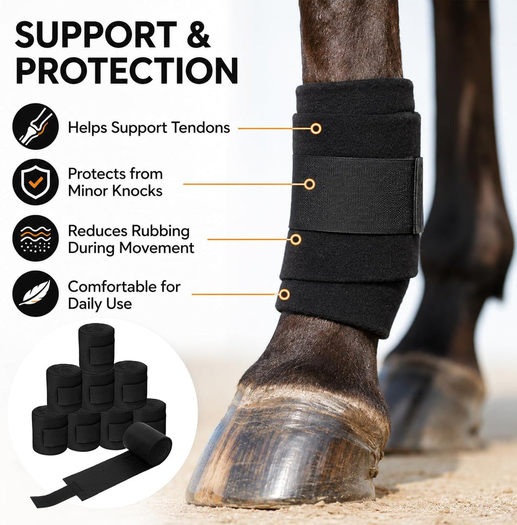 Eccliy 8 Pack Horse Polo Wraps 10 ft x 4.7 in Soft Fleece Leg Wraps, Black