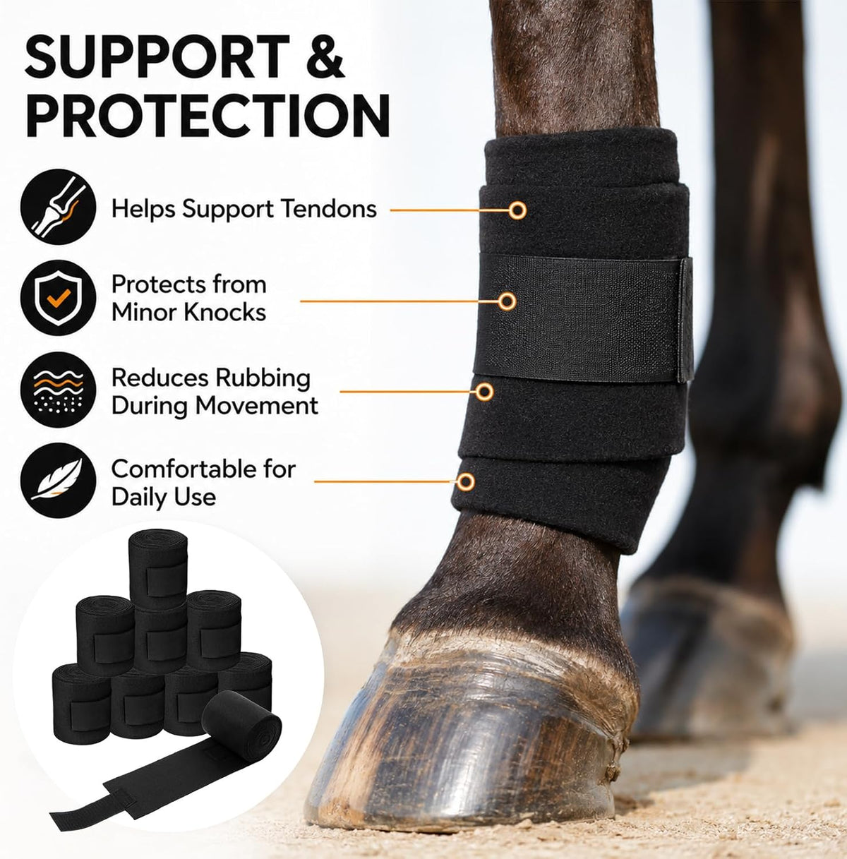 Eccliy 8 Pack Horse Polo Wraps 10 ft x 4.7 in Soft Fleece Leg Wraps, Black