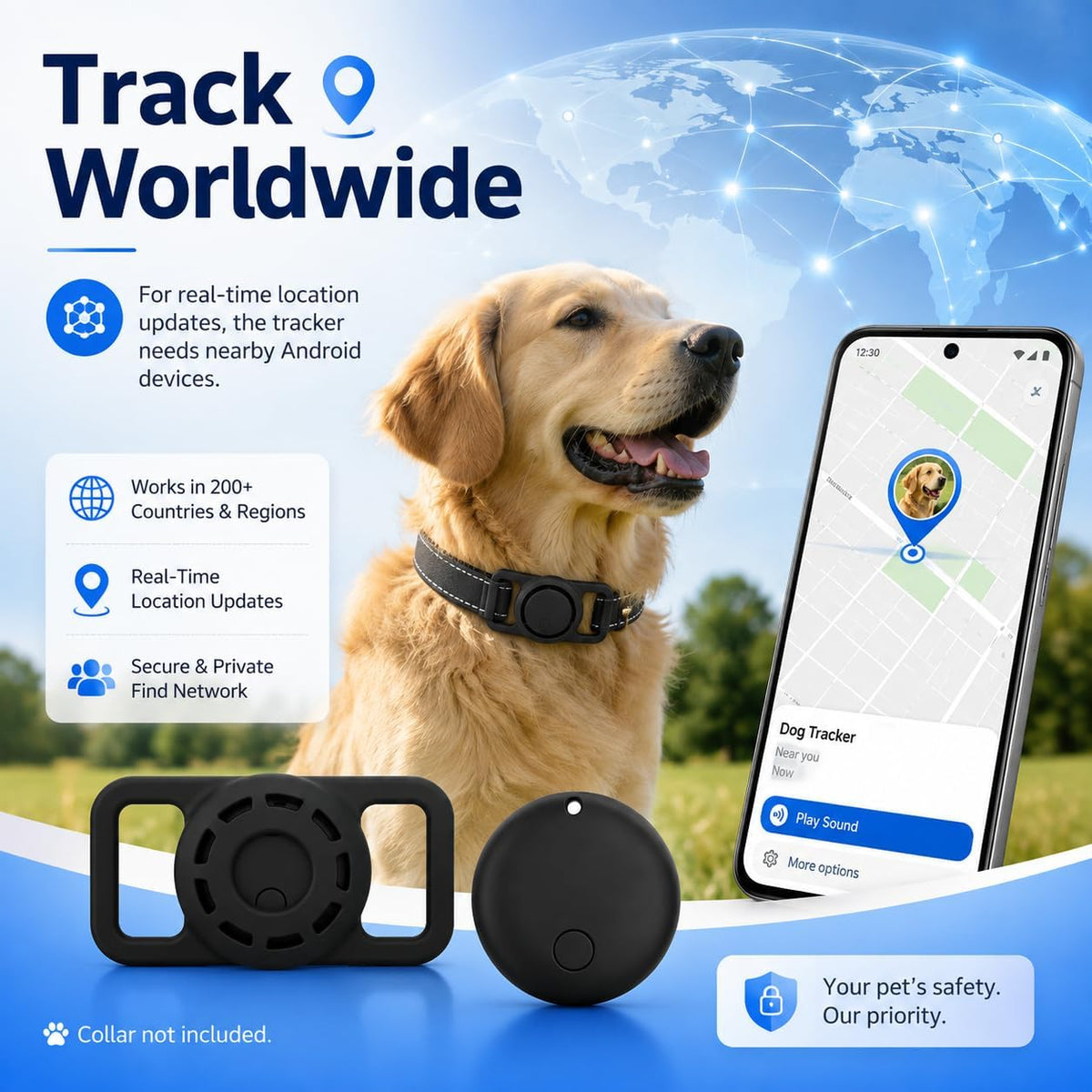 GPS Smart Collar for Dogs, Android Pet Tag. Waterproof, Google Find My Compatible, No Monthly Fee. Advanced Tracker ensures Safety for Small to Large Dogs. (Tracker for Dog)