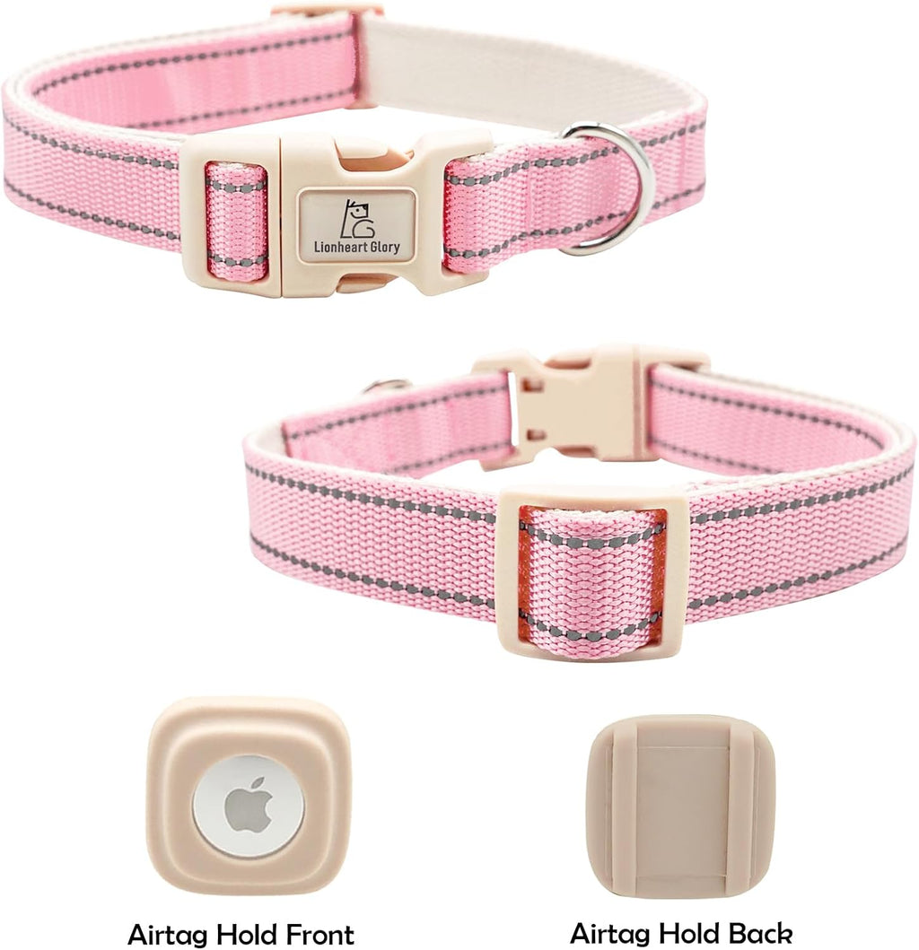 Lionheart glory Airtag Dog Collar Reflective Dog Collars with Airtag Hloder Female Male Baby Pink Collar Dog Adjustable Durable Soft Classic Collar for Small Dogs Pet Gift