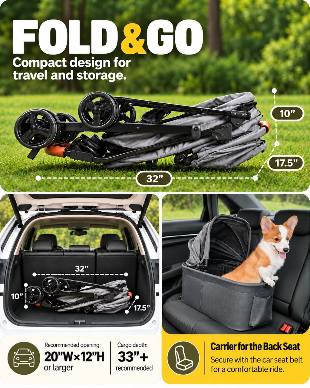 Zoosky 3 in 1 Dog Stroller, Folding Pet Stroller w/Removable Carrier