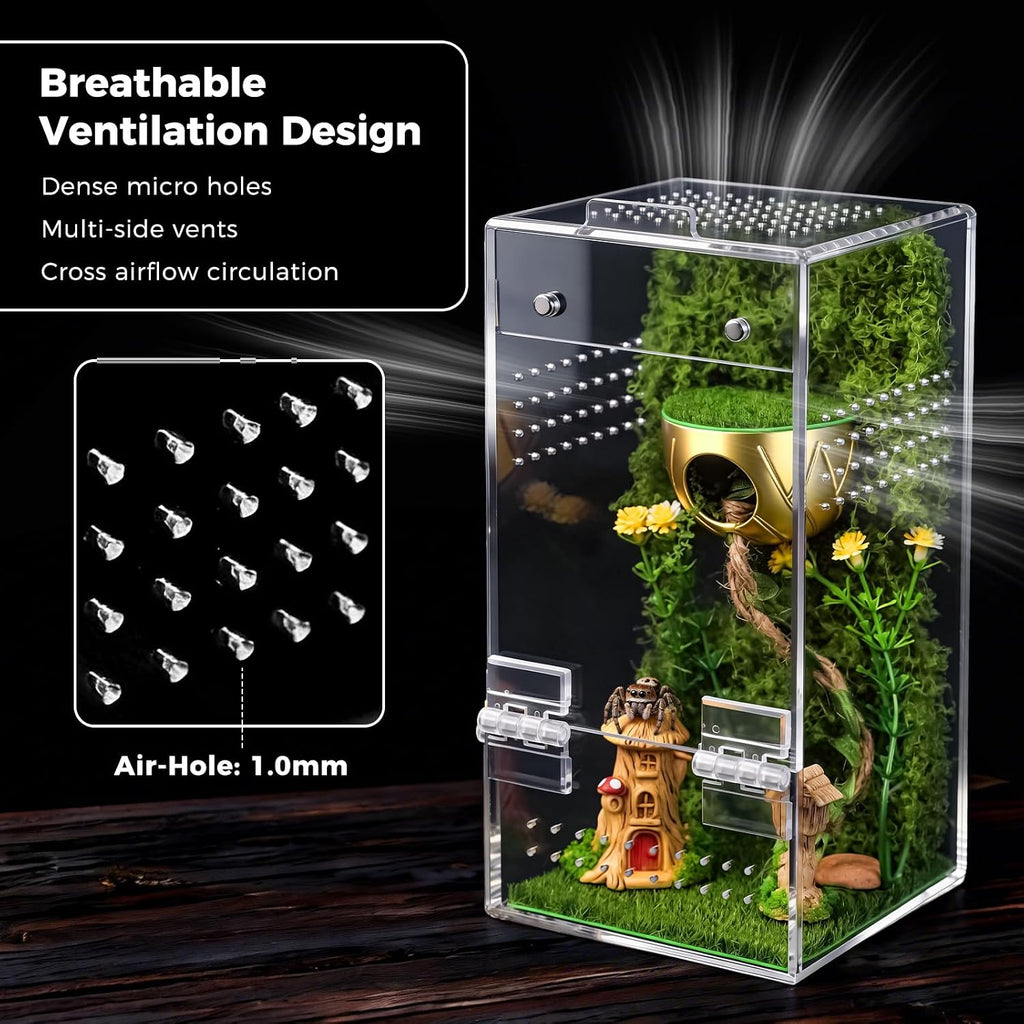Jumping Spider Enclosure Kit, Vertical Acrylic Terrarium with Magnetic Door