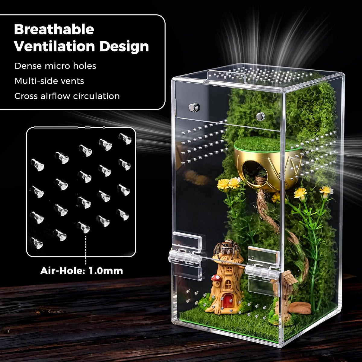 Jumping Spider Enclosure Kit, Vertical Acrylic Terrarium with Magnetic Door