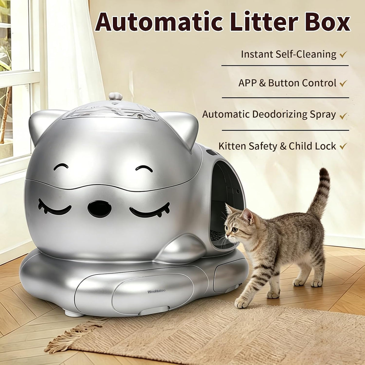 Automatic Cat Litter Box, Semi-Open Large Capacity with Triple Odor Removal System, App Control and Health Monitor, Safety Sensor, Cute Self Cleaning Litter Box for Multiple Cats